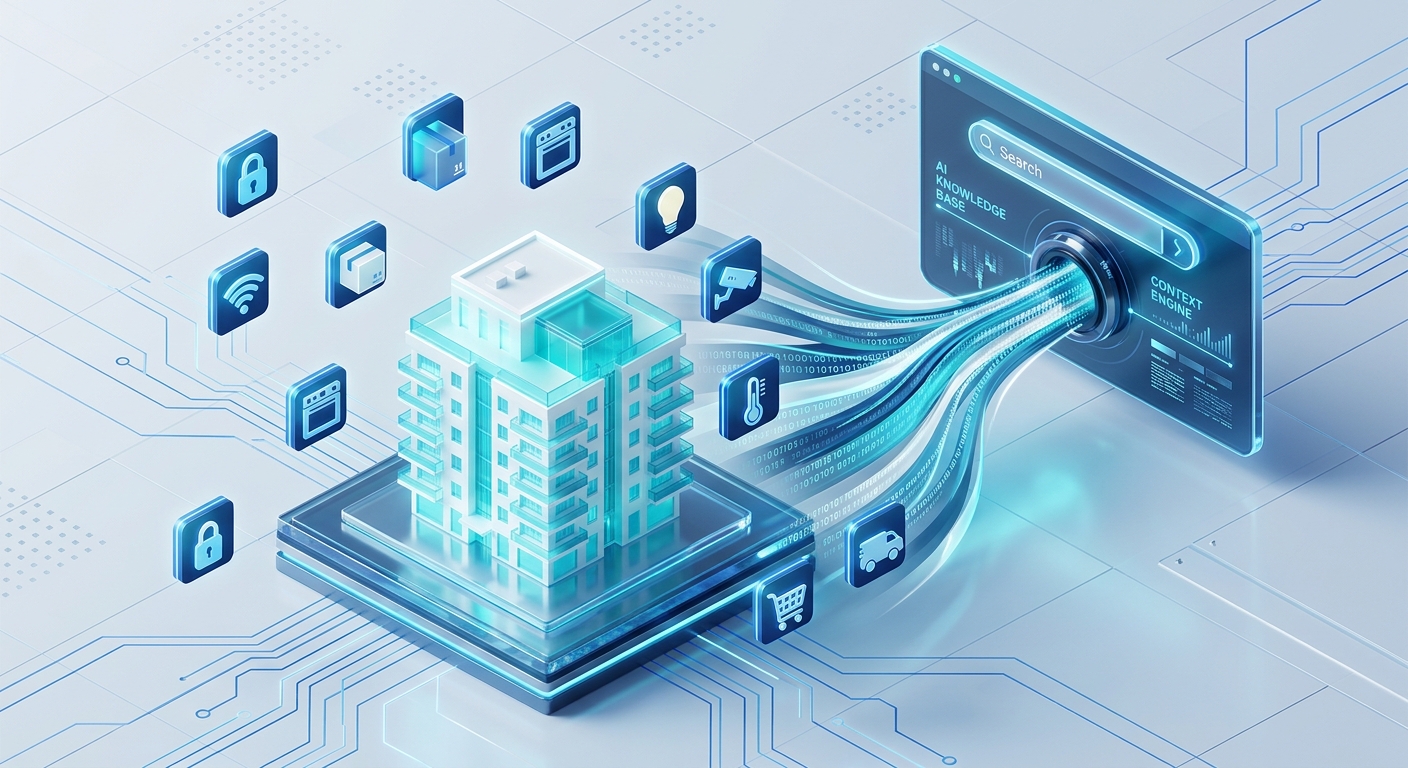A conceptual 3D isometric illustration of data optimization for artificial intelligence. In the center, a detailed miniature architectural model of a modern apartment building is surrounded by numerous floating digital icons representing various amenities—such as a lock, a Wi-Fi symbol, a delivery package, and a kitchen stovetop. These icons are elegantly converging and merging into a single, dense, luminous stream of binary code and data ribbons that flows into a sleek, futuristic search interface. The color palette consists of professional deep blues, cyan, and bright white highlights, creating a clean, high-tech corporate aesthetic. The overall image represents the transformation of complex, scattered information into a unified, powerful context for an AI agent.