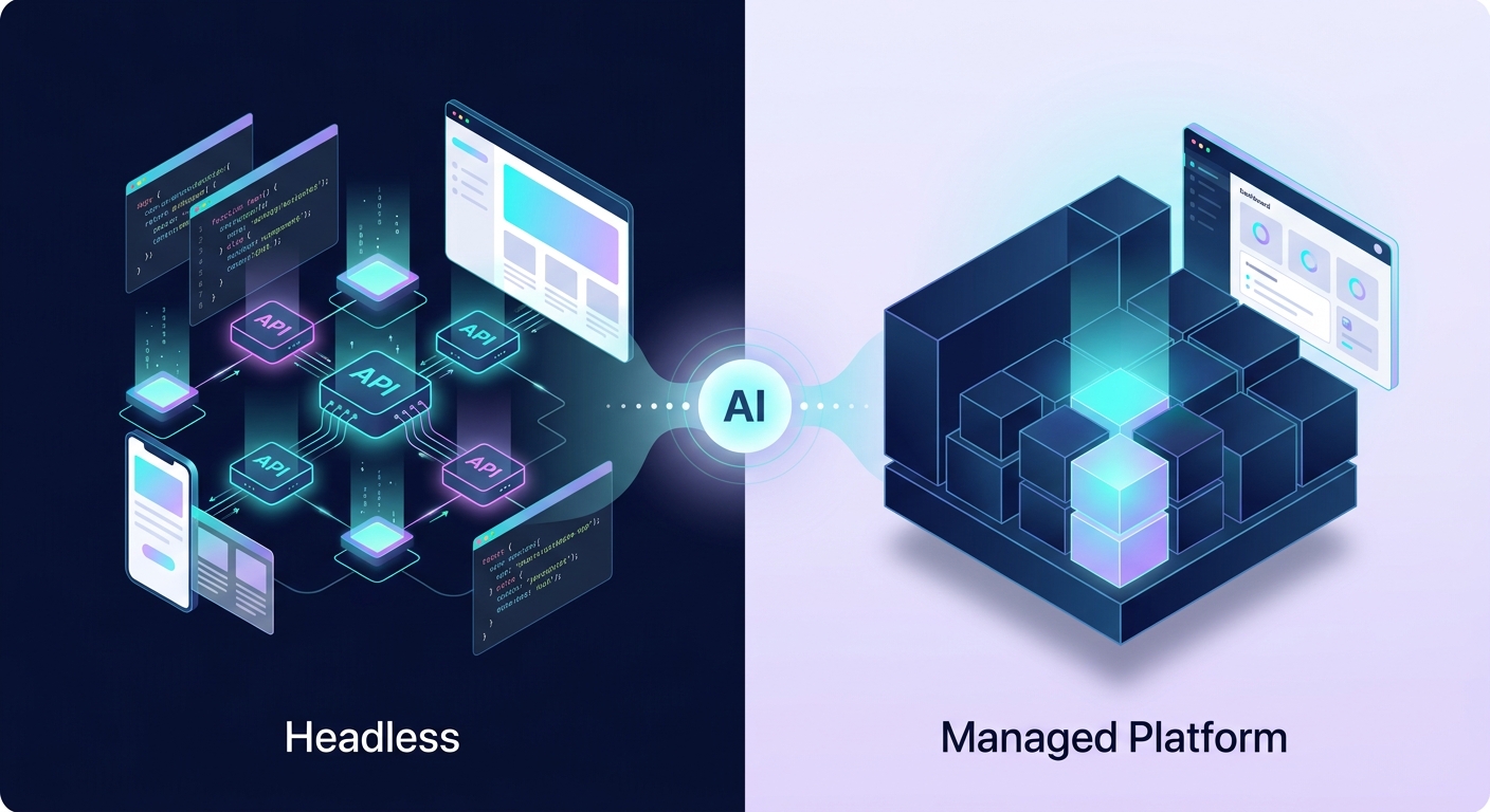 A conceptual architectural visualization of modern web development and cloud integration. The image is split into two contrasting but harmonious halves. On one side, represent a "Headless" architecture: a vibrant, modular network of glowing API nodes, floating code snippets in JavaScript syntax, and translucent data streams connecting to a sleek, minimalist mobile and web interface. On the other side, represent a "Managed Platform" architecture: a solid, crystalline structure with integrated, perfectly interlocking blocks and a structured dashboard, signifying stability and a unified ecosystem. In the center, a pulsing, intelligent light core representing an AI agent acts as a bridge, facilitating the flow of information between both sides. The style is a clean, professional digital editorial illustration with an isometric perspective, using a palette of deep navy, electric cyan, and soft violet with high-tech neon accents. The background is a soft, dark gradient that emphasizes the glowing elements.