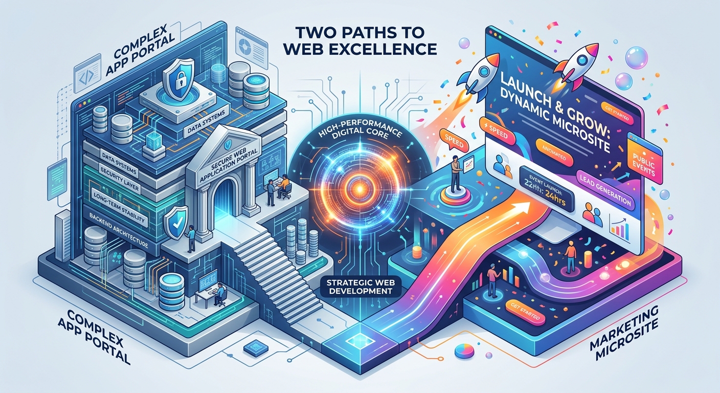 A conceptual editorial illustration depicting two distinct paths for digital web development. On the left, a representation of a complex, secure web application portal, shown as a deep, multi-layered architectural blueprint in cool blue and silver tones, symbolizing long-term stability and intricate data systems. On the right, a vibrant and dynamic marketing microsite, depicted as a sleek, high-energy landing page with bright accent colors and elements suggesting speed, lead generation, and public events. The two sides are joined by a central, glowing high-performance digital core. The style is clean, modern isometric 3D with soft professional lighting, emphasizing themes of choice, technology, and strategic design.