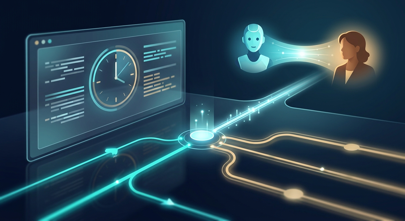A futuristic digital command center visualization representing an intelligent AI routing system. In the foreground, a sleek, semi-transparent holographic interface displays abstract data streams and a stylized clock face symbolizing business hours. A central glowing node acts as a decision point, with light pulses flowing through logical paths—some turning bright teal for immediate connection and others a soft amber for queueing. In the background, a bridge of light connects a stylized digital avatar to a warm, inviting human silhouette, symbolizing the seamless transition between automated support and human intervention. The atmosphere is professional and sophisticated, featuring a color palette of deep navy, cyan, and subtle gold accents. The style is a clean, editorial tech illustration with cinematic lighting and a shallow depth of field.
