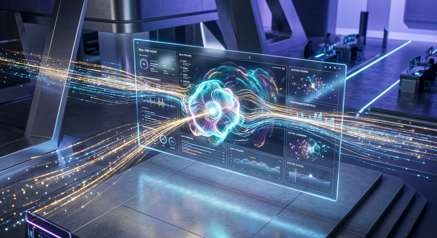 A high-angle, cinematic shot of a futuristic, translucent digital interface floating in a minimalist, high-tech architectural space. The interface is sleek and responsive, displaying vibrant, real-time data streams and fluid motion graphics that represent lightning-fast performance. A glowing, ethereal AI entity—symbolizing an intelligent agent—is integrated into the dashboard, actively interacting with complex data patterns. The environment is illuminated by cool blue and deep violet light, with streaks of golden data flowing seamlessly through the air into the interface. The aesthetic is ultra-modern and professional, emphasizing speed, cutting-edge technology, and the transition from static records to dynamic, AI-driven action. High-quality, editorial-style imagery with a shallow depth of field.