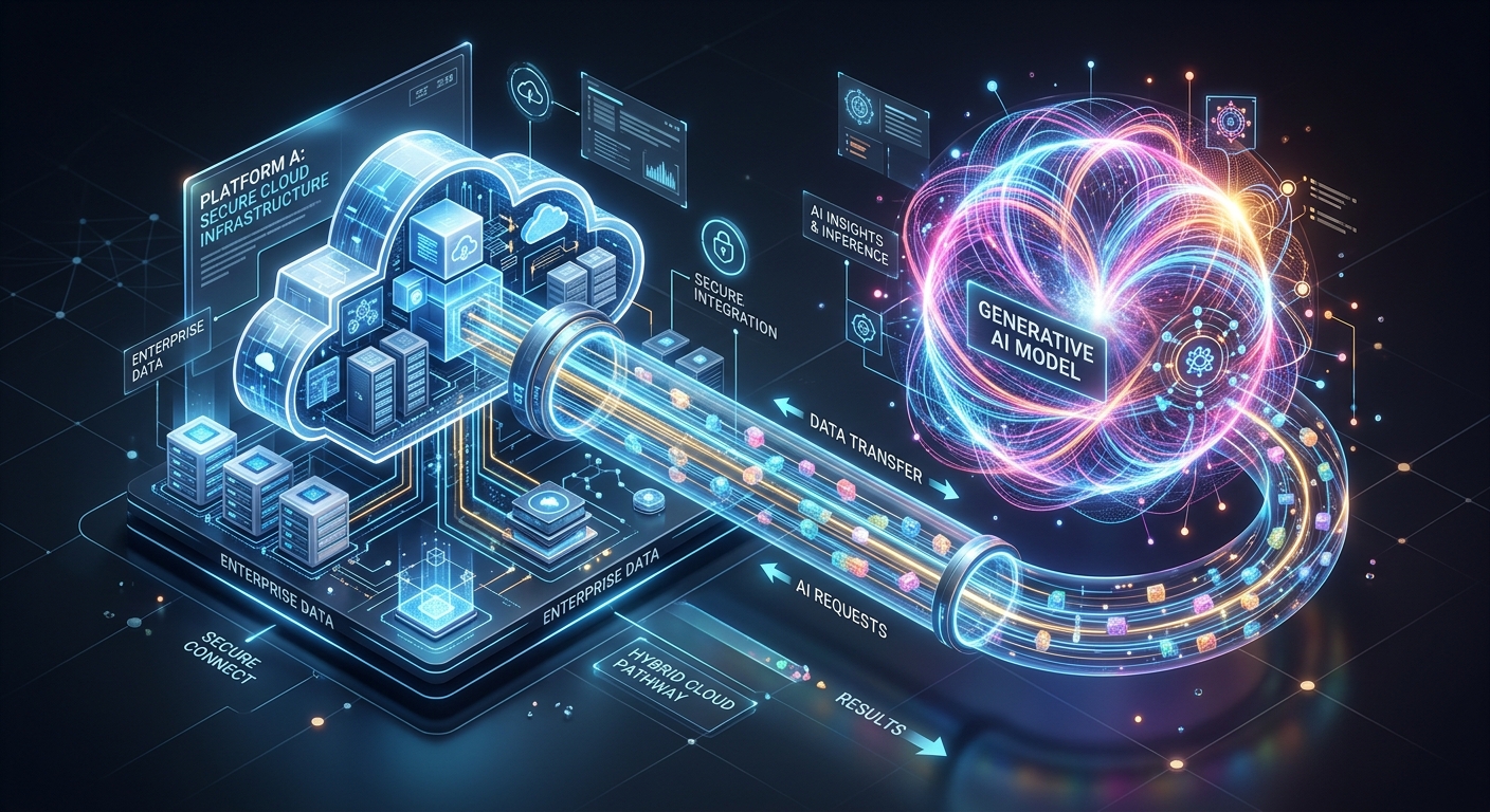 A high-end, isometric 3D digital illustration representing the seamless integration between two major cloud computing platforms. On the left, a structured, crystalline cloud architecture in shades of professional blue and white. On the right, a vibrant, glowing energy sphere composed of shimmering multi-colored light filaments, symbolizing a powerful generative AI model. A secure, translucent bridge of light connects the two systems, with glowing data packets flowing smoothly across it. The background is a clean, dark-themed digital environment with subtle network grid patterns and floating holographic interface elements. The overall aesthetic is sophisticated and futuristic, emphasizing secure connectivity and advanced enterprise technology.