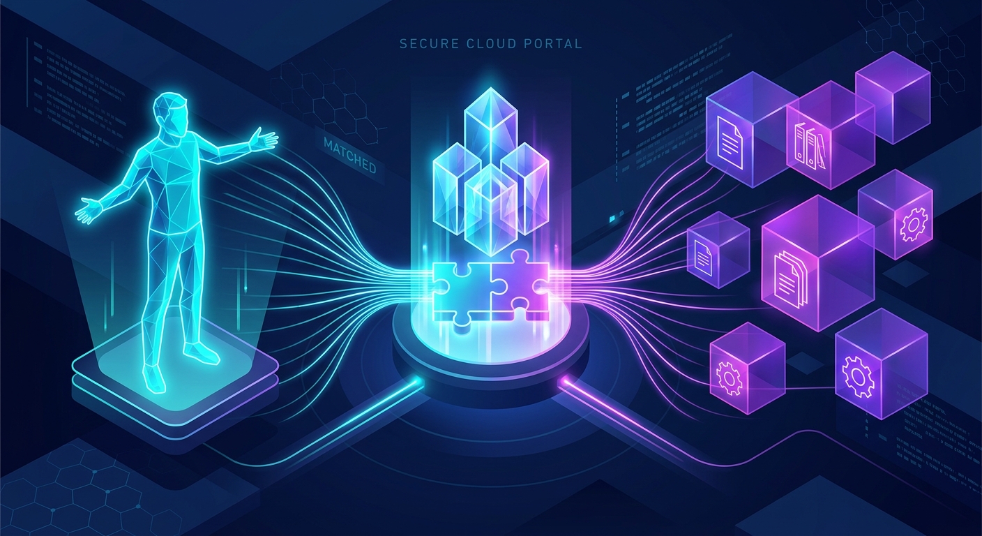 A high-quality 3D digital editorial illustration representing the concept of secure data connectivity and "matching" in a cloud-based portal. On the left side, a stylized holographic avatar of a person represents a digital user. On the right side, floating translucent geometric cubes contain icons of documents and gear wheels, representing data records like cases and orders. In the center, a glowing, crystalline architectural icon representing a shared corporate entity acts as a bridge. Vibrant lines of light emerge from both the user and the data records, meeting and locking into the central hub like matching puzzle pieces. The color palette features deep navy, neon cyan, and electric violet, creating a professional, high-tech atmosphere that symbolizes seamless access through shared attributes in a secure digital ecosystem.