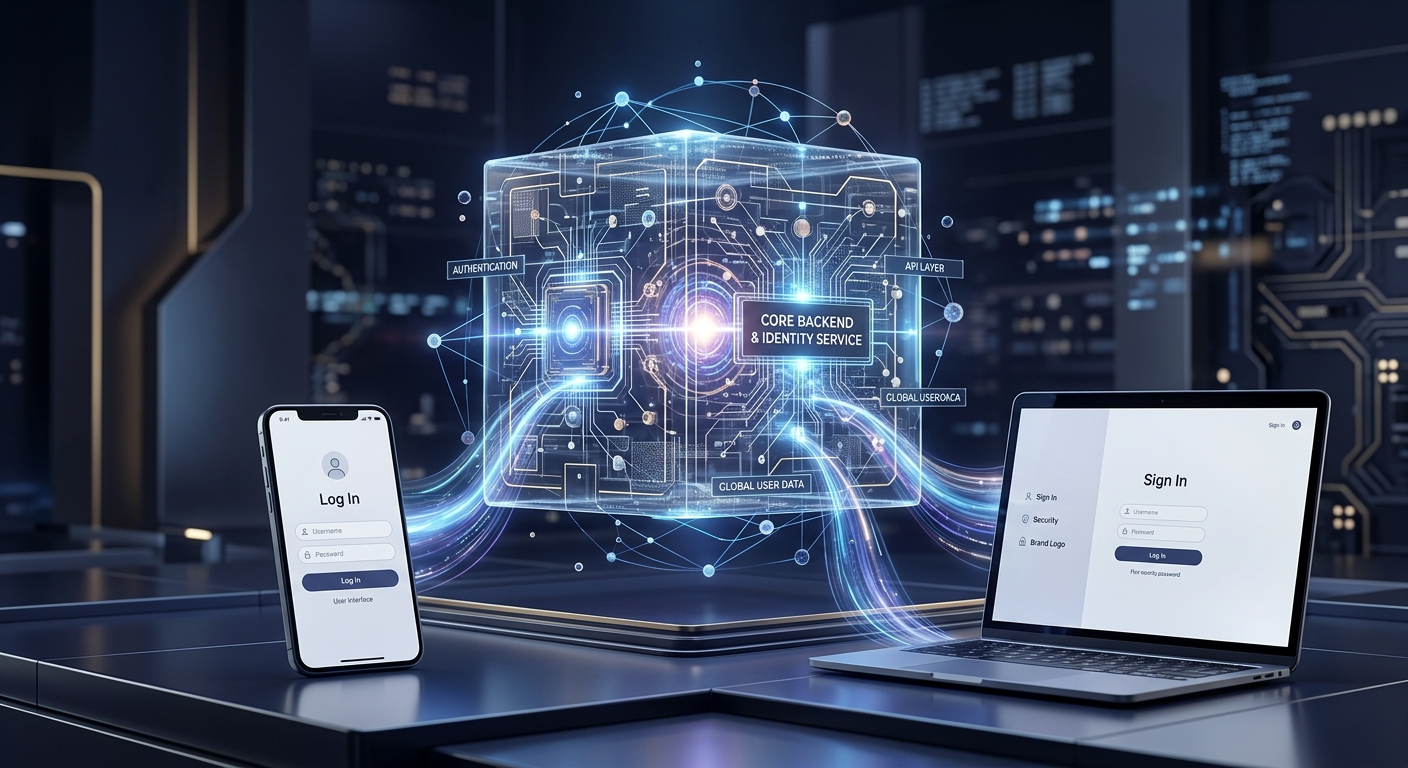 A high-quality 3D digital illustration representing a decoupled software architecture and headless identity system. In the center, a large, translucent glowing data core made of intricate geometric circuits and floating nodes represents a powerful backend engine. In the foreground, a sleek smartphone and a modern laptop display elegant, minimalist custom-designed login screens. Ethereal, glowing data streams or light beams connect the central core to the devices, symbolizing a unified identity service powering different user interfaces. The atmosphere is professional, secure, and futuristic, with a shallow depth of field, clean glass textures, and a color palette of deep indigo, electric blue, and subtle gold accents.