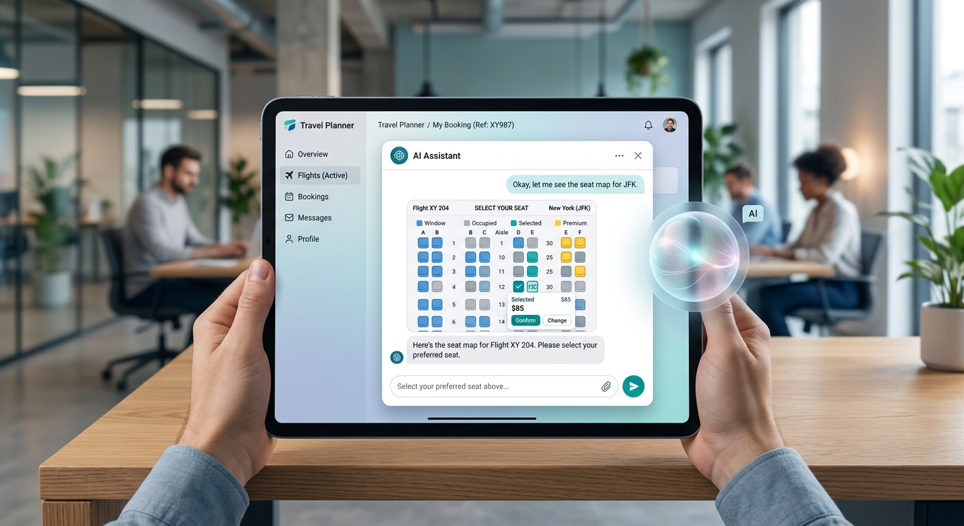A high-quality editorial digital illustration of a sophisticated, modern web interface on a sleek tablet screen. The central focus is an advanced floating chat window that displays an interactive, colorful seat-selection map directly within the conversation thread. A subtle, glowing translucent orb floats near the chat, representing a helpful AI presence. The user interface is clean and minimalist, featuring rounded corners, soft shadows, and a professional palette of cool blues, teals, and crisp whites. The background is a blurred, contemporary tech office with soft, natural lighting. The overall image conveys a sense of seamless AI integration, security, and next-generation digital communication.