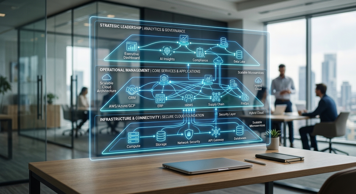 A high-quality editorial-style image depicting a conceptual digital blueprint for a cloud-based business platform. The scene features a sleek, modern workspace where a transparent holographic interface floats above a minimalist desk. The interface displays a sophisticated network map with three distinct, glowing layers or tiers, representing hierarchical levels of data access and connectivity. Each layer is connected by intricate light paths, symbolizing a scalable architecture. The color palette is dominated by professional blues, whites, and soft teals, creating an atmosphere of strategic planning and technological precision. In the background, a blurred high-end office with glass partitions and soft, natural light emphasizes a corporate, expert setting. The overall composition conveys a sense of clarity, decision-making, and structural integrity.