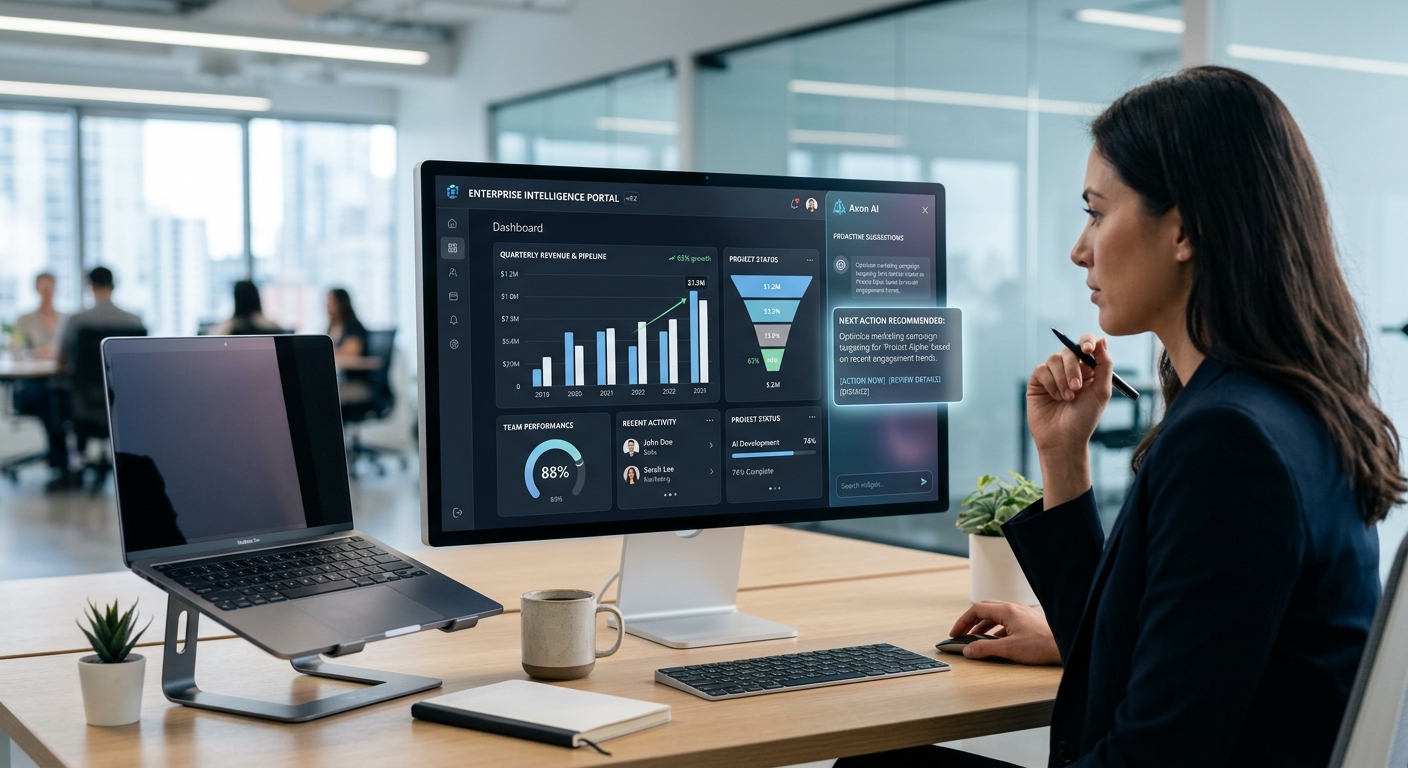 A high-quality, professional editorial photograph of a sleek, minimalist workspace. On a high-resolution monitor, a sophisticated and modern enterprise software dashboard is visible, featuring clean data visualizations and record details. A translucent, glowing AI assistant sidebar is active, displaying a proactive suggestion for a business task. The interface design is elegant and user-centric, illustrating a seamless blend of automated intelligence and human oversight. In the background, a soft-focus modern office setting creates an atmosphere of high-tech productivity. The lighting is bright and clean with cool blue and white tones, emphasizing cutting-edge technology and intelligent automation.