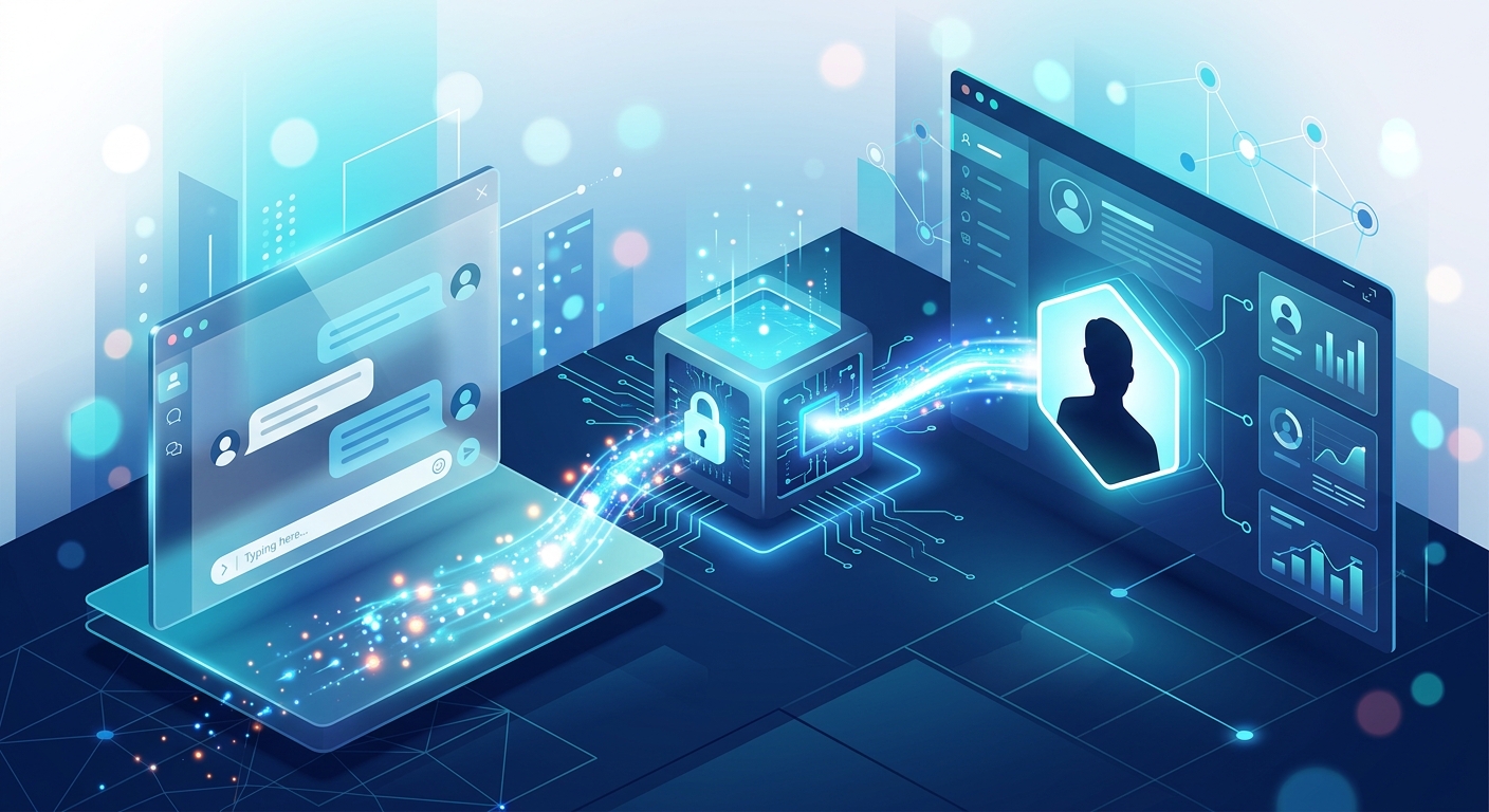A professional 3D isometric illustration representing a seamless digital connection between a web portal and a customer relationship management system. In the foreground, a sleek, translucent interface displays a modern chat window. From this interface, a vibrant stream of glowing data particles flows toward a central, sophisticated cloud server node. This node illuminates a secure user profile silhouette, symbolizing the automatic identification and mapping of a logged-in user. The setting is a clean, minimalist digital environment with soft bokeh lighting and a professional color palette of navy blue, white, and electric cyan. The image conveys the concepts of background data relay, secure integration, and personalized digital customer service without using any text or branding.
