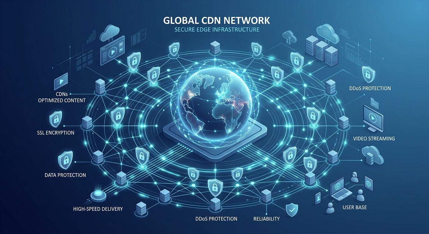 A professional, editorial-style 3D isometric illustration representing a global content delivery network and secure web infrastructure. At the center is a glowing, stylized digital globe surrounded by an intricate web of interconnected nodes and light-speed data pathways, representing edge servers. Elegant, translucent security shields and subtle lock icons are integrated into the network to symbolize SSL encryption and data protection. The scene is set against a clean, minimalist gradient background of deep navy and tech-blue. The lighting is sophisticated, with soft cyan pulses traveling through the network lines, conveying high-speed performance, reliability, and modern cloud architecture.