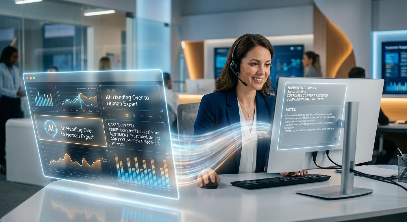 A professional editorial-style photograph depicting the seamless transition between an advanced artificial intelligence and a human customer service expert. In the foreground, a sleek, semi-transparent holographic interface displays glowing data visualizations, sentiment analysis graphs, and a structured digital case summary. A stream of soft, digital light flows from this interface toward a professional human operator sitting at a modern, minimalist workstation in the midground. The human operator appears focused and empathetic, glancing at a clean dashboard that has just received the summarized context. The atmosphere is sophisticated and high-tech, using a palette of corporate blues, crisp whites, and warm amber accents to signify emotional intelligence. High-quality, shallow depth of field, cinematic lighting, and a sense of "strategic handoff" between technology and humanity.