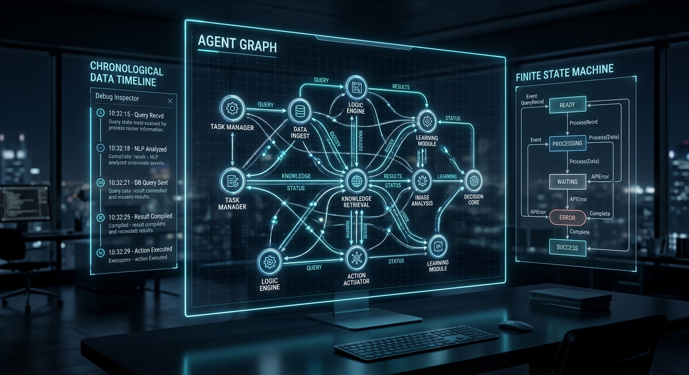 A sophisticated digital visualization of a complex AI agent network and orchestration. The scene features a futuristic holographic interface floating in a dark, minimalist workspace. The interface displays a three-dimensional "Agent Graph" consisting of interconnected glowing nodes and luminous pathways that represent the flow of data and tasks between sub-agents. Adjacent to the graph, a detailed schematic diagram of a finite state machine is visible, showing precise geometric patterns and logical transitions. On one side of the display, a vertical, chronological timeline of data events glows softly, suggesting a step-by-step debug inspector. The overall aesthetic is high-tech and professional, utilizing a palette of neon cyan, deep blue, and silver, with a shallow depth of field and a clean, editorial style.