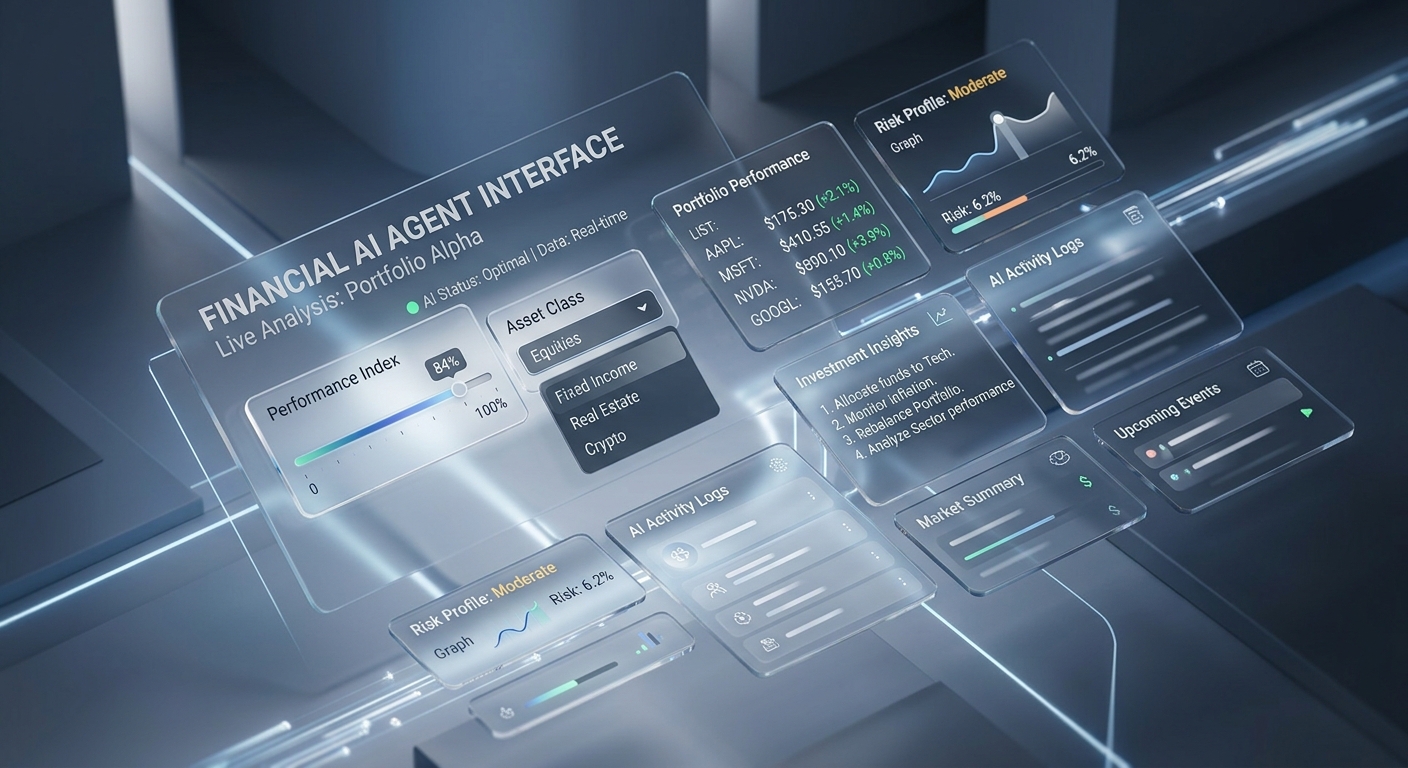 A sophisticated, high-tech digital workspace representing a GUI-based AI agent interface. The scene features floating, translucent glass-morphism panels that display a mix of interactive input controls—including a sleek horizontal slider and a selection menu—and structured output cards containing professional lists of data with currency symbols. The environment is minimalist and modern, illuminated by soft ambient blue and white lighting. Subtle, glowing data paths and abstract geometric lines weave between the panels to visualize a seamless flow of information and architectural connectivity. The image is captured from a high-end 3D isometric perspective with a shallow depth of field, emphasizing a clean, professional editorial aesthetic.