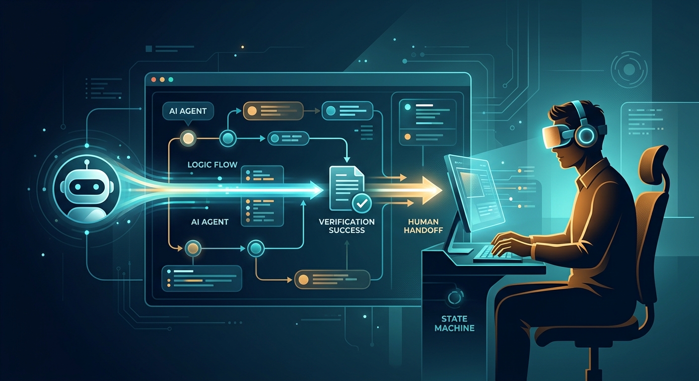 An editorial illustration depicting a seamless and efficient digital transition between an AI agent and a human operator. At the center, a sophisticated digital interface shows a series of glowing, organized nodes and data paths representing a "state machine" logic flow. A stream of light flows from a sleek, abstract chatbot icon through a successful verification point—symbolized by a stylized document icon—and merges into a warm, inviting silhouette of a human professional wearing a headset. The background is a minimalist, high-tech environment with a palette of deep blues, teals, and soft amber, conveying a sense of organized complexity, speed, and reliable technology. The overall composition is clean and modern, emphasizing a streamlined, single-path process without clutter.