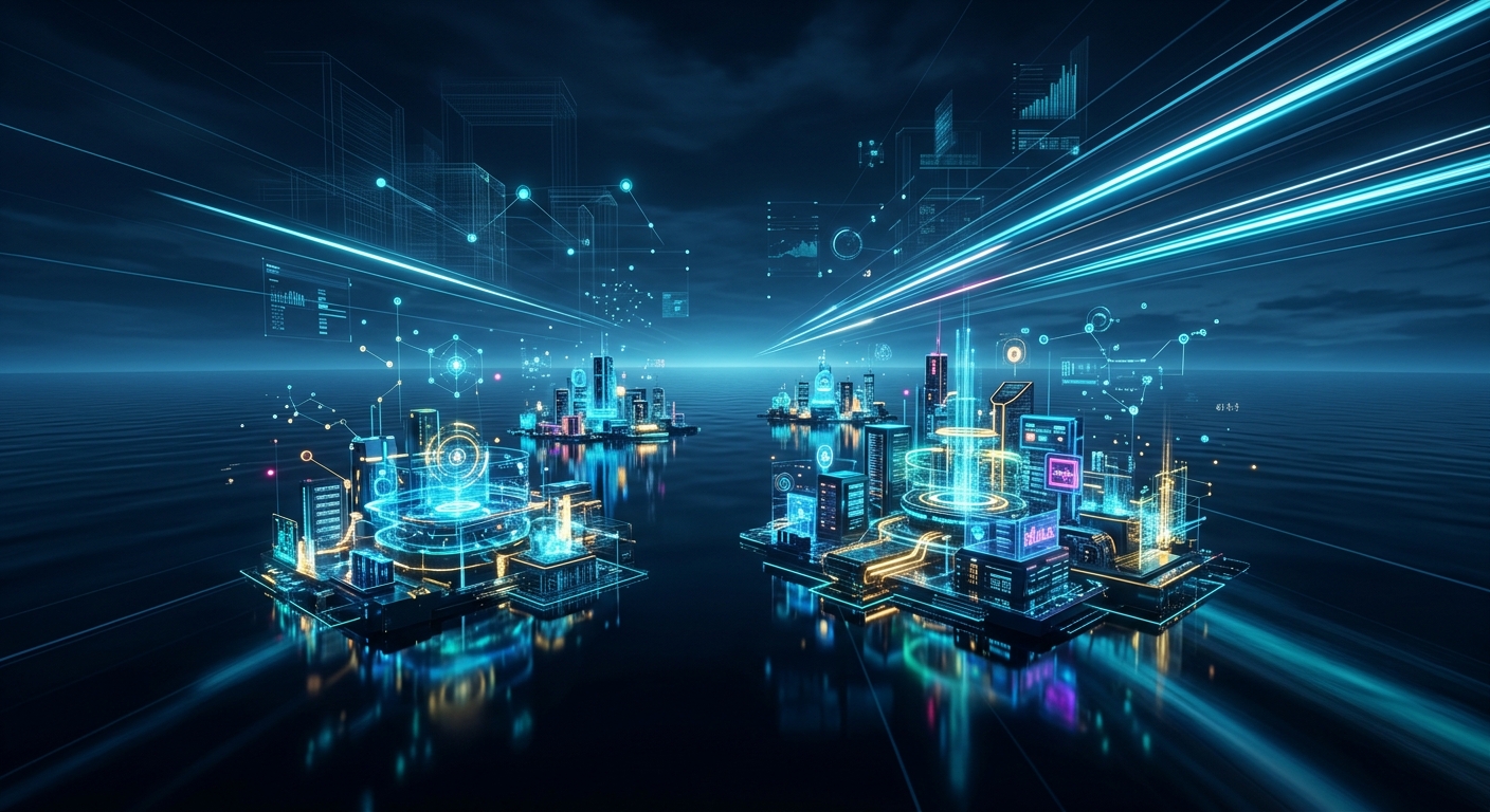 An editorial-style cinematic digital illustration representing advanced web architecture and server-side rendering. The scene features a vast, calm ocean of dark obsidian glass representing static data, with several vibrant, glowing "islands" of intricate holographic machinery rising from the surface, symbolizing dynamic interactive components. Above the islands, high-speed streaks of cyan and white light zip across the horizon toward the viewer, representing rapid data delivery and performance. The atmosphere is professional and high-tech, with subtle architectural wireframes and glowing nodes floating in the air. The color palette is dominated by deep blues, teals, and neon accents, emphasizing a sense of futuristic efficiency and structural integrity. 8k resolution, sleek corporate tech aesthetic, clean composition.