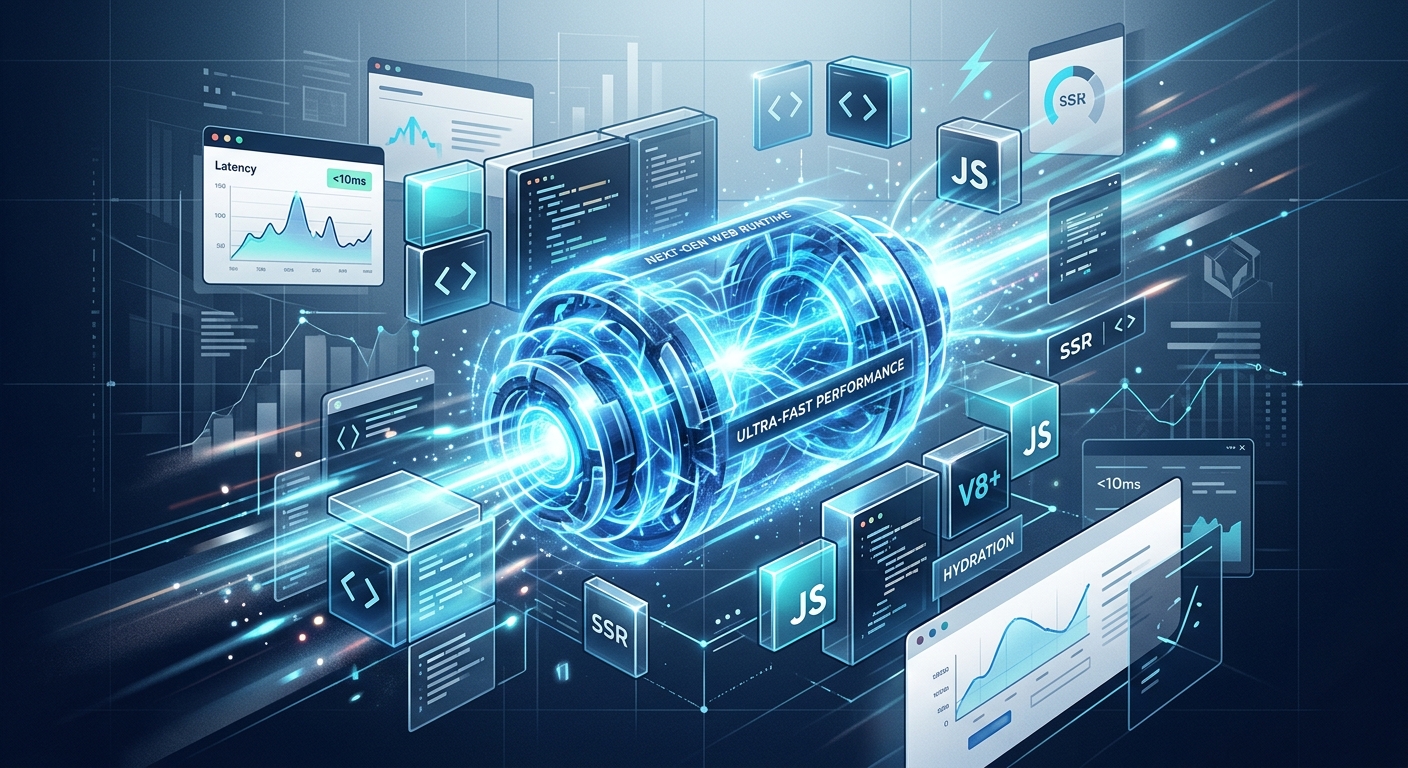 An editorial-style digital illustration symbolizing a high-performance, next-generation web runtime engine. In the center, a glowing, translucent engine core pulses with electric blue and cyan light, surrounded by sleek, minimalist UI components and modular glass-like blocks that assemble seamlessly. Sharp light trails and subtle motion blur effects radiate from the core to emphasize incredible speed and server-side rendering efficiency. The background is a clean, professional digital workspace with a faint architectural grid. The overall atmosphere is sophisticated, modern, and focused on cutting-edge web technology and lightning-fast performance, using a color palette of deep navy, vibrant cyan, and polished white.