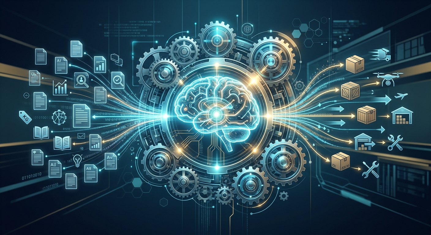 Create a high-quality editorial digital illustration of a sophisticated autonomous AI agent at work. The center of the image features a glowing, translucent digital brain or neural core, representing intelligent processing. Surrounding this core are intricate, interlocking metallic and glass gears that symbolize a complex data infrastructure. Streams of glowing data flow between the core and two distinct areas: one filled with floating, holographic document icons representing a deep knowledge base, and another featuring icons of packages and logistics tools representing automated business actions. The background is a sleek, minimalist digital landscape with a cool color palette of deep navy, cyan, and subtle gold accents. The lighting is cinematic, emphasizing the seamless integration of technology and logic.