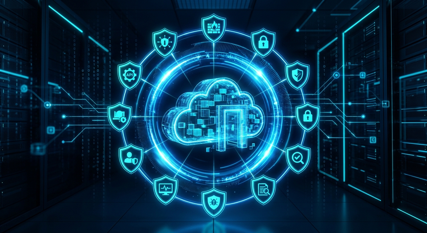 Create a professional, editorial-style image representing cybersecurity for cloud data platforms. The central focus is a glowing, translucent 3D representation of a digital gateway or cloud structure being fortified by concentric rings of blue holographic light. Nine distinct, illuminated security shield icons are arranged in a precise circular formation around the central data core, symbolizing a series of essential protective actions. The background is a dark, sleek high-tech environment with subtle streams of binary code and interconnected data nodes. The lighting is cinematic, featuring sharp contrasts of neon cyan and deep navy blue, conveying a sense of high-level digital security, meticulous auditing, and robust infrastructure protection.