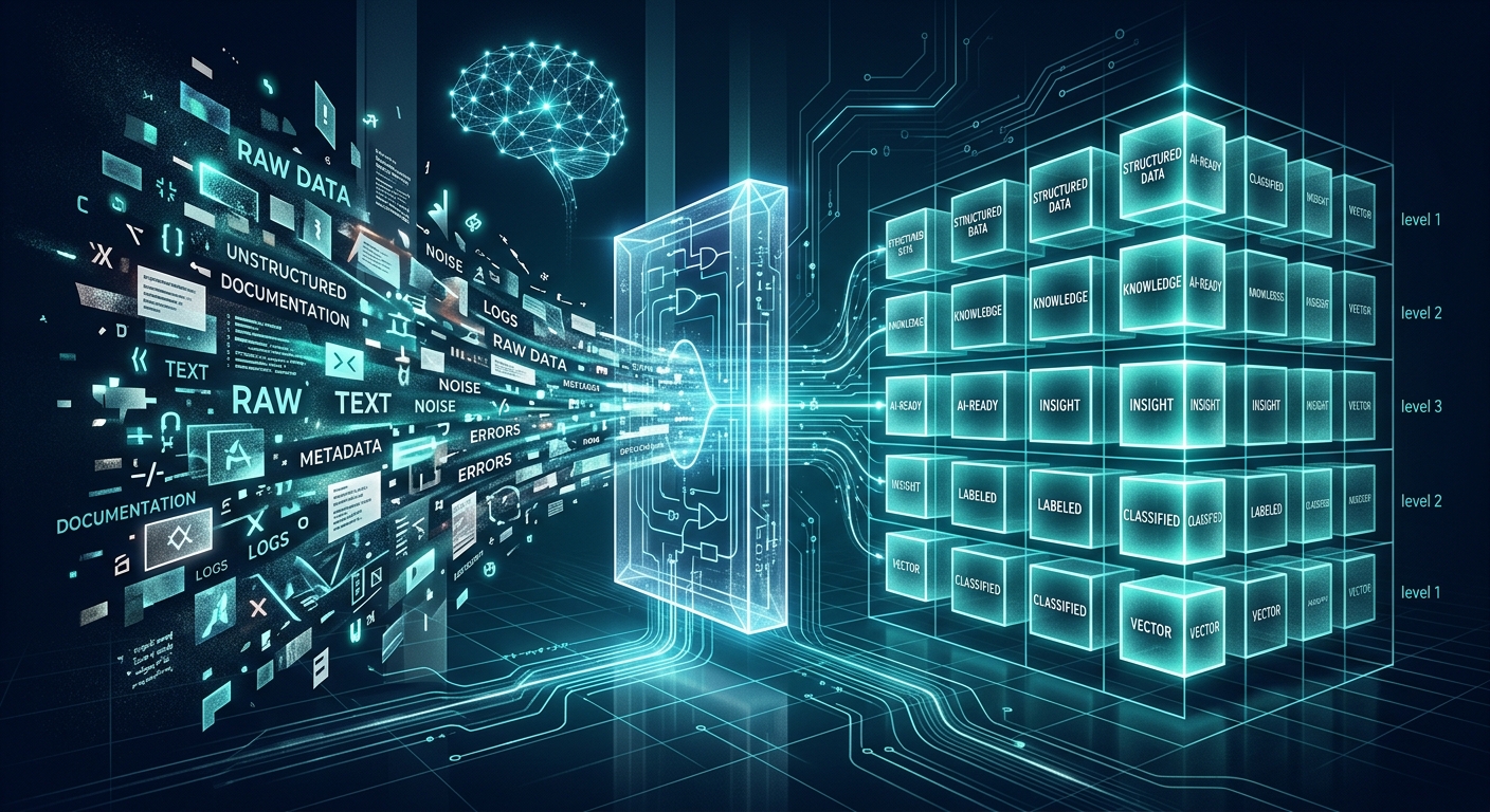 Create a professional, high-tech conceptual illustration of data refinement for artificial intelligence. The scene depicts a stream of fragmented, glowing digital blocks and text fragments representing raw information. On one side, the data is disorganized and overlapping. As it passes through a transparent, glowing architectural filter, it transforms into perfectly structured, luminous cubes organized in a clear, hierarchical grid. Each refined cube is self-contained and distinct, radiating a steady light. The background is a sleek, minimalist digital environment with a sophisticated palette of deep navy blue, teal, and bright white. Subtle neural network patterns and data pathways weave through the space, evoking a sense of precision, logic, and optimized machine intelligence. The overall aesthetic is clean and editorial, representing the transition from messy human documentation to structured, AI-ready knowledge.