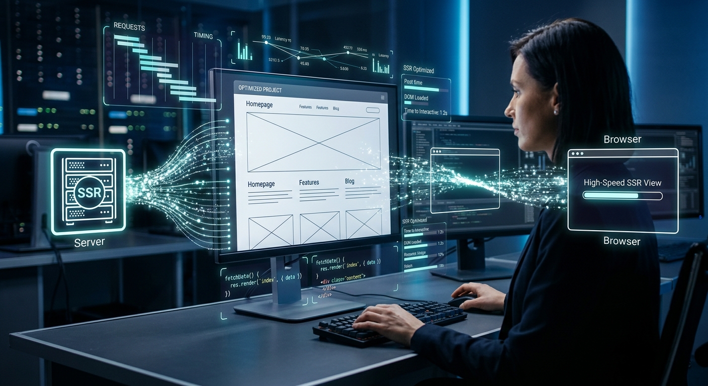 A cinematic, editorial-style visual representing high-performance web development and server-side rendering. The composition features a sleek, minimalist website wireframe being analyzed through a translucent, futuristic diagnostic interface. Glowing digital overlays display abstract network waterfall charts, data stream connections, and snippets of clean code, symbolizing performance optimization. A stream of light flows from a stylized server icon into a browser window, illustrating the transition of data from server to client. The atmosphere is professional and high-tech, with a color palette of deep indigo, electric teal, and stark white, emphasizing speed, technical precision, and modern web architecture.