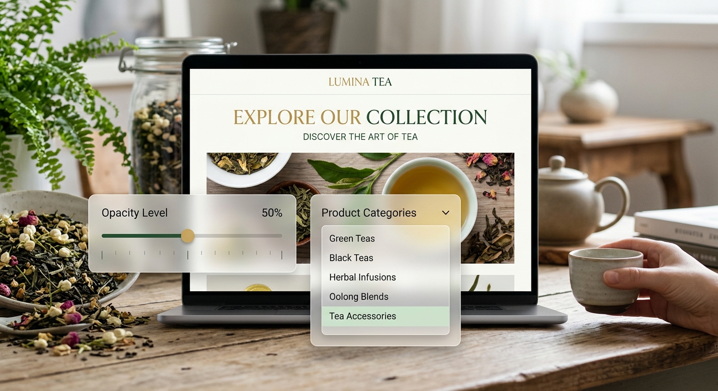 A clean, professional editorial photograph of a high-end digital interface for a luxury tea brand campaign. The image features a sleek, minimalist web banner with a soft-focus background of premium loose-leaf tea. Overlaid on the design are floating, semi-transparent UI control panels with a modern glassmorphism aesthetic. One panel displays a refined horizontal slider for adjusting "Opacity Level," while another shows a sophisticated dropdown menu for selecting "Product Categories." The overall composition is bright and organized, using a color palette of deep forest greens, warm gold accents, and crisp white, symbolizing a seamless blend of traditional tea culture and advanced web development architecture.