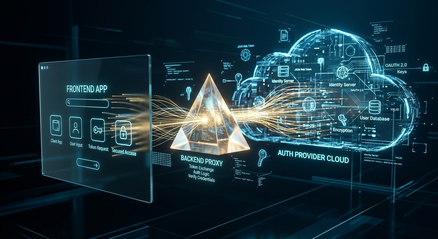 A conceptual architectural visualization of a modern headless web authentication system. In the foreground, a sleek, translucent glass pane displays a minimalist, glowing app interface. From this pane, intricate lines of golden light stream through a central glowing crystal prism—the backend proxy—before connecting to a massive, intricate digital cloud structure in the background. The scene is set in a dark, atmospheric cyberspace with floating holographic fragments of code and encryption keys. The lighting is dominated by shades of deep blue and vibrant cyan, with a cinematic depth of field. The image conveys a sense of high-speed data flow, security, and the seamless decoupling of frontend and backend technologies.