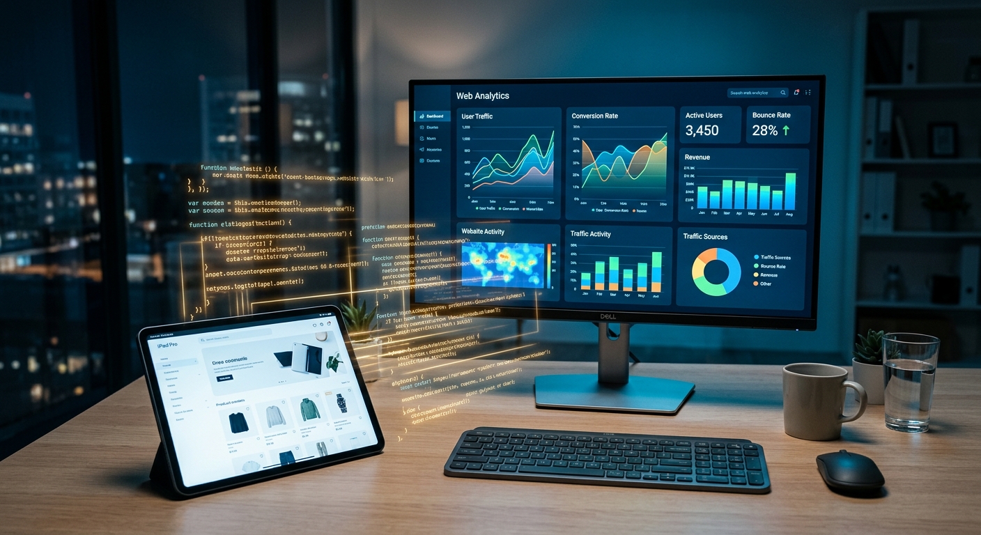 A high-angle, editorial-style shot of a modern, minimalist workspace. The focus is on a high-resolution monitor displaying a sophisticated web analytics dashboard filled with vibrant, glowing line graphs, heatmaps, and real-time data metrics. In the foreground, a sleek tablet shows a clean, modern website interface. Translucent, floating layers of golden code syntax and digital connections weave between the website and the analytics dashboard, symbolizing the seamless flow of data through complex architecture. The atmosphere is professional and high-tech, illuminated by the cool blue and cyan light of the screens, emphasizing precision, digital insight, and the bridge between web development and data analysis.