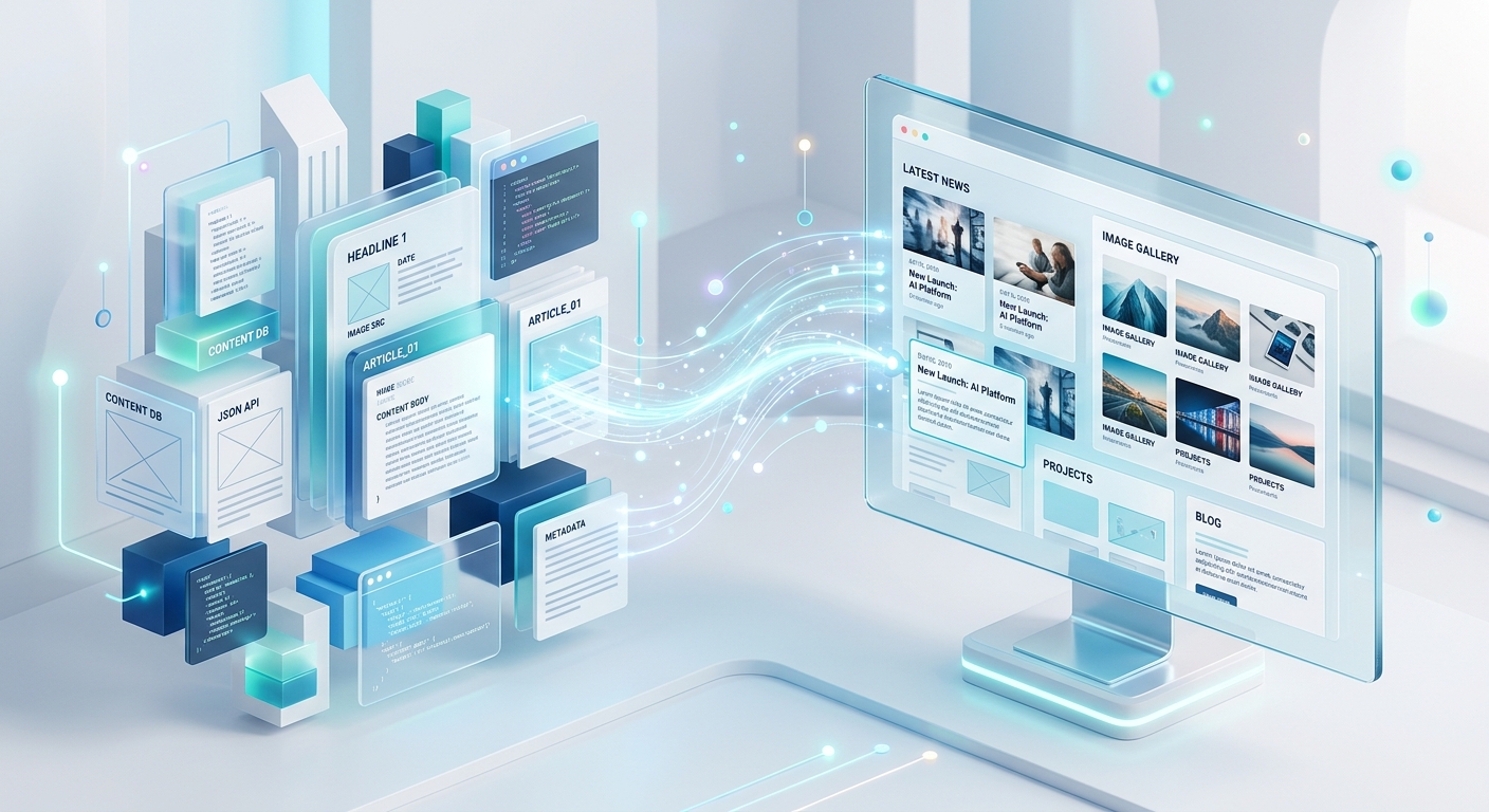 A high-end, isometric 3D digital illustration representing modern web content management and data binding. On one side, abstract floating modules and translucent blocks containing text fragments and architectural shapes represent a structured content database. Luminous digital streams flow from these modules toward a sleek, frameless glass screen displaying a minimalist website layout. The website features a structured grid where these data streams seamlessly transform into polished UI components like news cards and image galleries. The background is a bright, soft-focus minimalist space with a color palette of professional blues, whites, and teals. The overall aesthetic is clean, professional, and technologically advanced, emphasizing the seamless connection between backend data and a dynamic user interface.