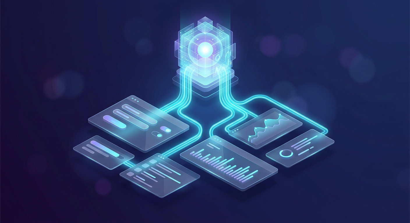 A high-end, isometric 3D editorial illustration representing digital state management and data synchronization. At the top of a clean, minimalist hierarchy sits a glowing, translucent central core representing a "Provider." From this core, luminous streams of data flow downward, connecting directly to several floating glass interface panels representing "Consumer" components. The panels are arranged like a modern web dashboard: one panel features abstract, glowing input fields, while another nearby panel shows a real-time data visualization that reflects the same light and color, symbolizing synchronized updates. The background is a sophisticated, dark studio environment with soft depth-of-field. The aesthetic is sleek and corporate-tech, using a professional palette of deep navy, electric cyan, and soft violet, emphasizing a seamless, invisible connection between separate elements. No text, logos, or branding.