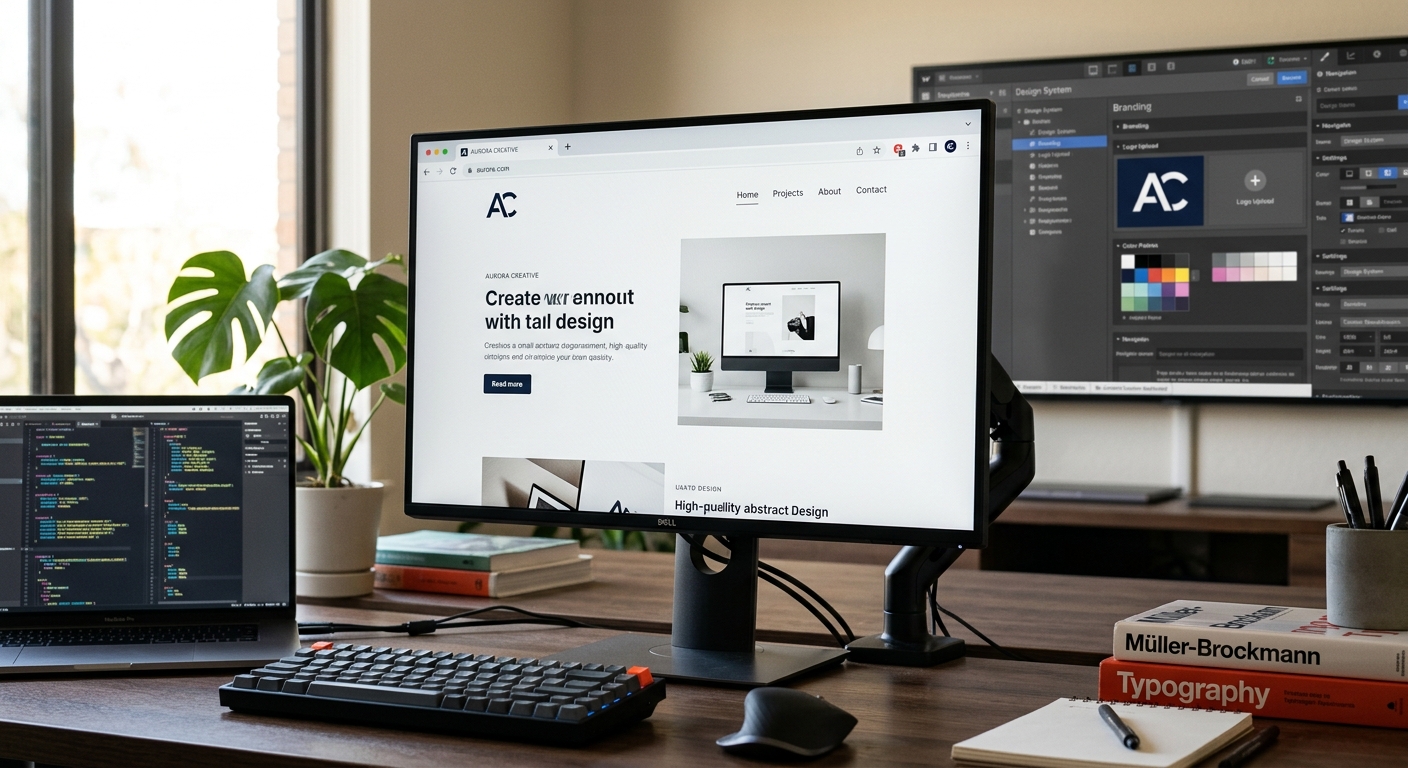 A high-fidelity editorial shot of a professional digital workspace. The focus is a sleek computer monitor displaying a modern, minimalist website being customized. The top-left corner of the website features a crisp, custom brand logo, while a matching miniature favicon is clearly visible in the browser's active tab. The background shows a clean, blurred interface of a sophisticated content management system with UI elements for image uploads and branding settings. The overall aesthetic is professional and polished, with soft, natural lighting and a shallow depth of field, emphasizing the final touches of a high-quality web design project.