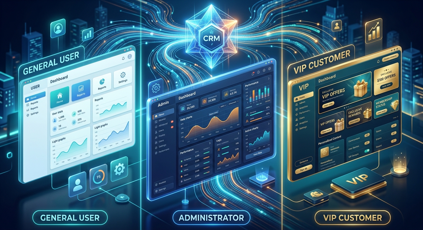 A high-quality 3D isometric illustration of a sleek, modern digital interface split into three distinct versions to represent personalization. In the center, a translucent web dashboard is composed of modular floating components. On the left side, the interface displays simple blue-toned layouts for a general user. In the center, the same layout shifts to reveal hidden menus and complex data charts for an administrator. On the right, the interface transforms into a premium version with elegant gold accents and exclusive promotional banners for a VIP customer. Glowing data streams flow from a sophisticated, crystalline core in the background into the interface, symbolizing real-time CRM integration. The style is clean, professional, and editorial, featuring soft depth-of-field, vibrant digital lighting, and a palette of deep blues, teals, and subtle gold highlights.