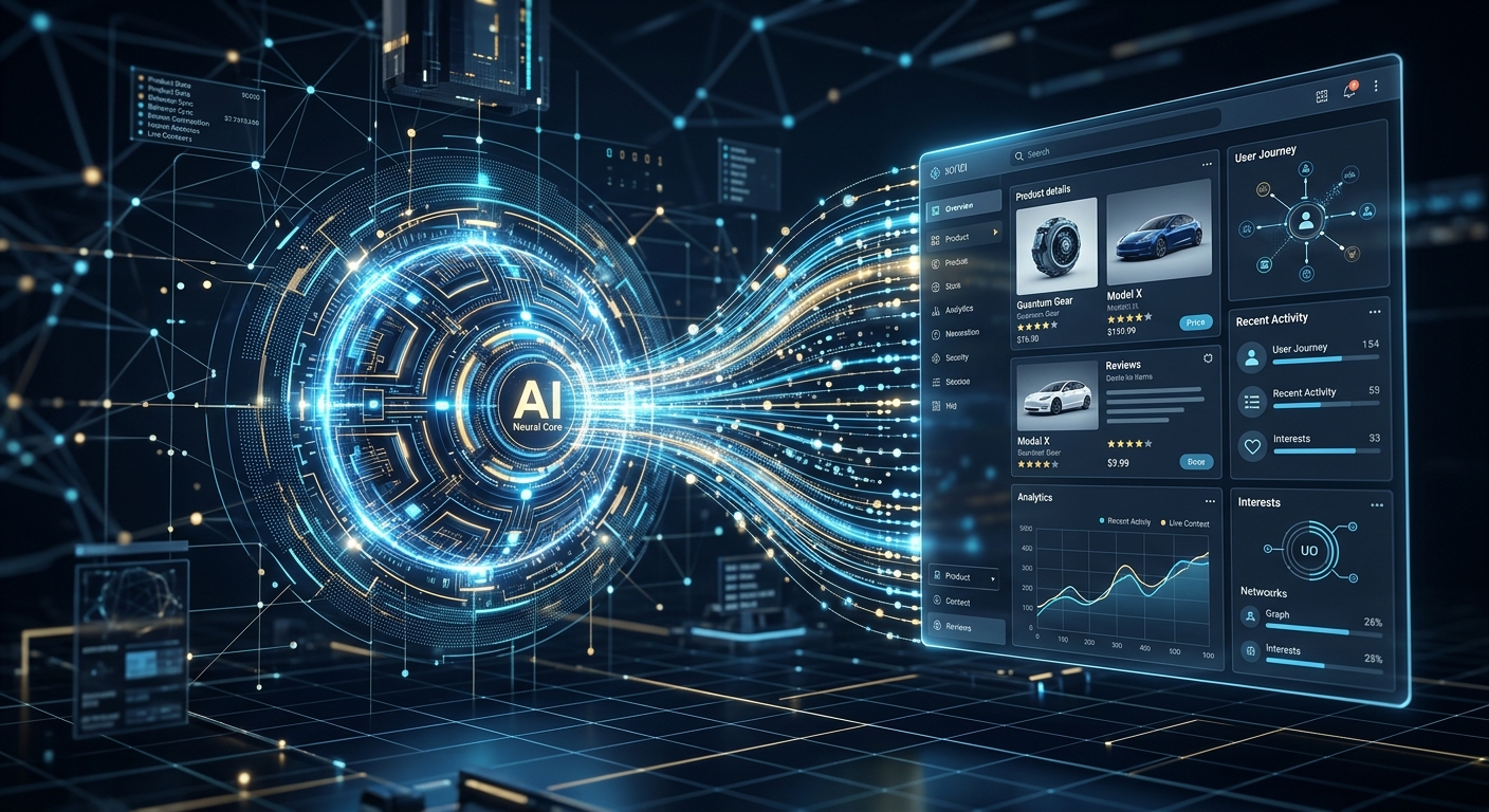 A high-quality editorial 3D digital illustration representing advanced AI context synchronization within a web ecosystem. In a sleek, dark tech environment, a luminous, central AI neural core is connected to a floating, transparent digital interface by a flowing "nervous system" of glowing, structured data nodes and light trails. These geometric data streams represent real-time information—such as product details and user behavior—seamlessly merging into the AI's consciousness to provide instant situational awareness. The aesthetic is clean, professional, and futuristic, utilizing a sophisticated palette of deep navy, electric blue, and soft white highlights. Cinematic lighting with a shallow depth of field emphasizes the fluid motion of the data transmission, symbolizing the evolution from static interaction to dynamic, context-aware intelligence.