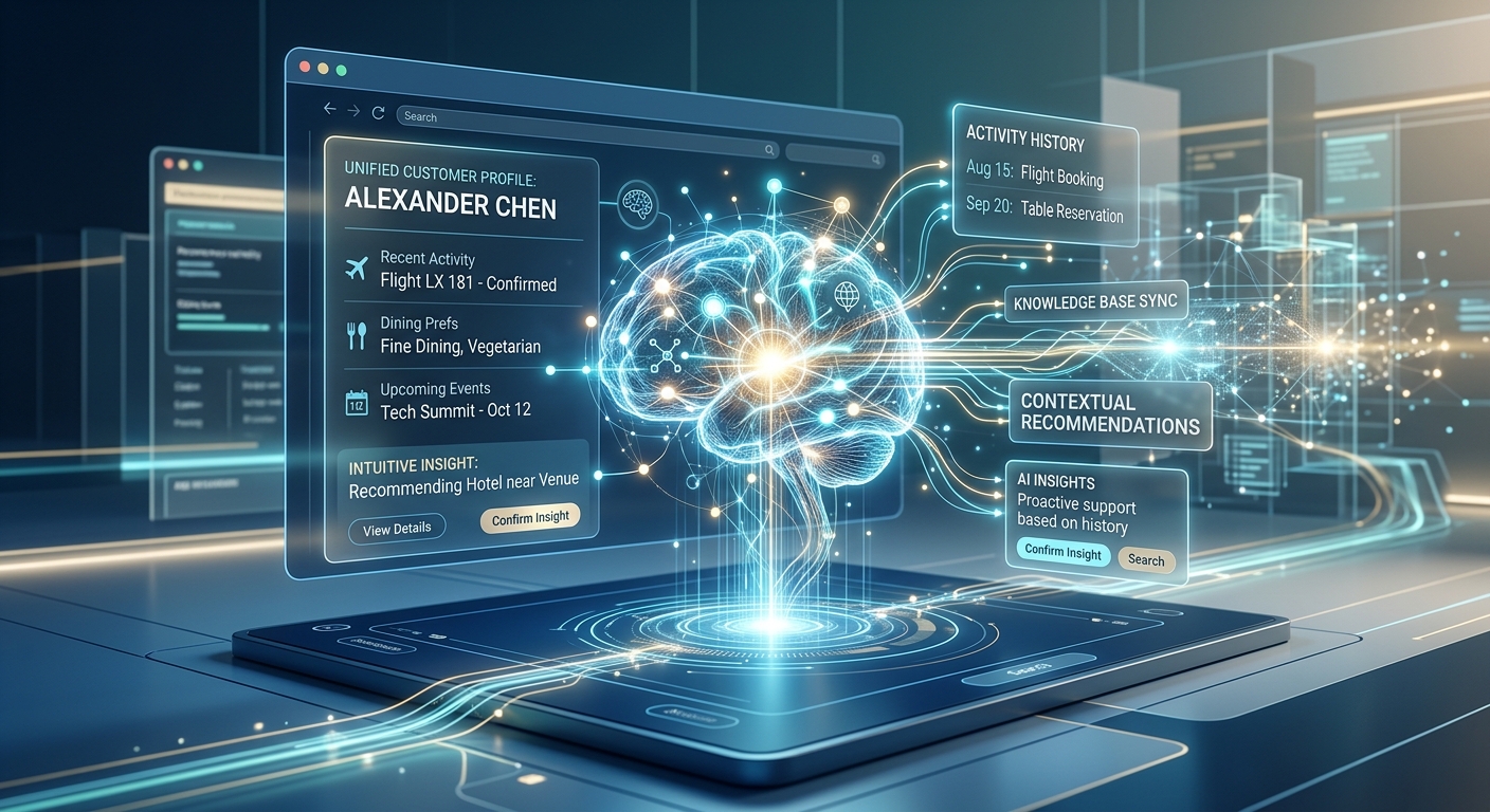 A high-quality editorial 3D illustration of a sophisticated autonomous AI agent acting as a digital concierge on a sleek, modern website interface. The AI is represented by a subtle, glowing core of neural energy and interconnected light nodes, symbolizing a reasoning engine rather than a simple chatbot. It is surrounded by floating, translucent data panes showing a unified customer profile with activity history and intuitive insights. The background features a minimalist, futuristic web environment with clean lines and a professional palette of deep blues, teals, and soft whites. Light trails represent the seamless flow of information between the agent and a vast knowledge base. The overall mood is intelligent, proactive, and helpful, illustrating a transition from rigid automation to intuitive, context-aware digital service.