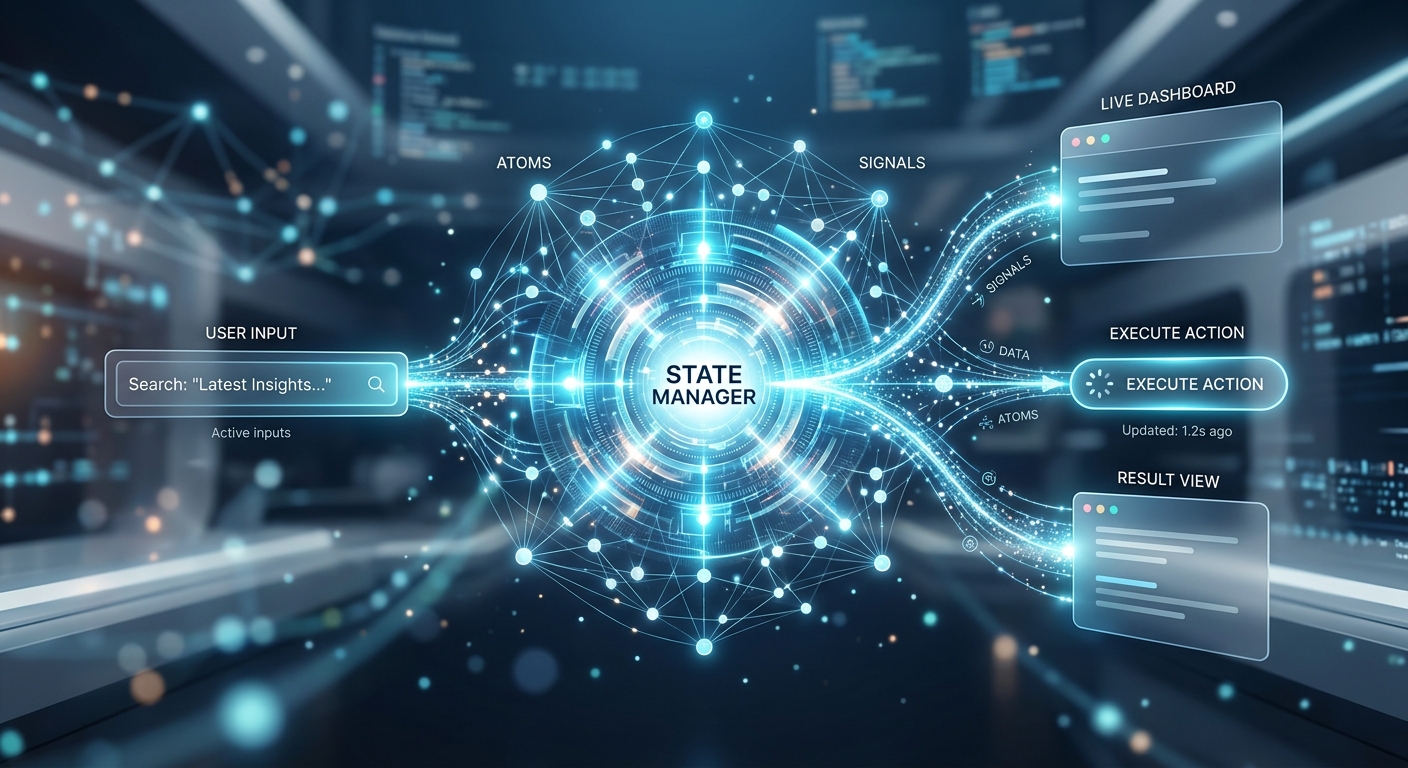 A high-quality editorial digital illustration representing next-generation web architecture and data reactivity. The central focus is a luminous, abstract core symbolizing a "state manager," with glowing nodes and flowing light trails representing "atoms" and "signals" of data. These digital signals connect seamlessly to clean, minimalist UI elements—such as a translucent input field and a reactive action button—floating in a three-dimensional space. The color palette uses professional tech-inspired shades of deep blue, cyan, and soft white. The composition is sleek and modern, emphasizing the harmony between underlying logic and a responsive user interface through elegant geometric shapes and a sense of fluid motion. Clean, high-tech aesthetic with soft bokeh and cinematic lighting.