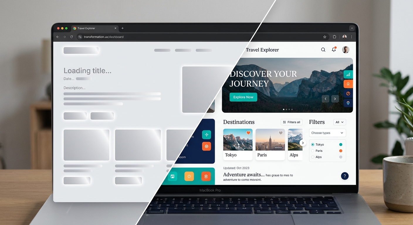 A high-quality editorial image showcasing a modern web design transformation. One half of the frame displays a minimalist "skeleton screen" loading state with shimmering, soft-grey rectangular placeholders. The other half seamlessly transitions into a polished, high-end user interface featuring vibrant custom accent colors, sophisticated typography, and sleek UI components like sharp, non-rounded buttons. The background is a clean, neutral digital workspace. The overall aesthetic is minimalist and professional, emphasizing pixel-perfect design control and a departure from generic enterprise software templates. Soft, ambient studio lighting with a shallow depth of field creates a sense of depth and technical sophistication.
