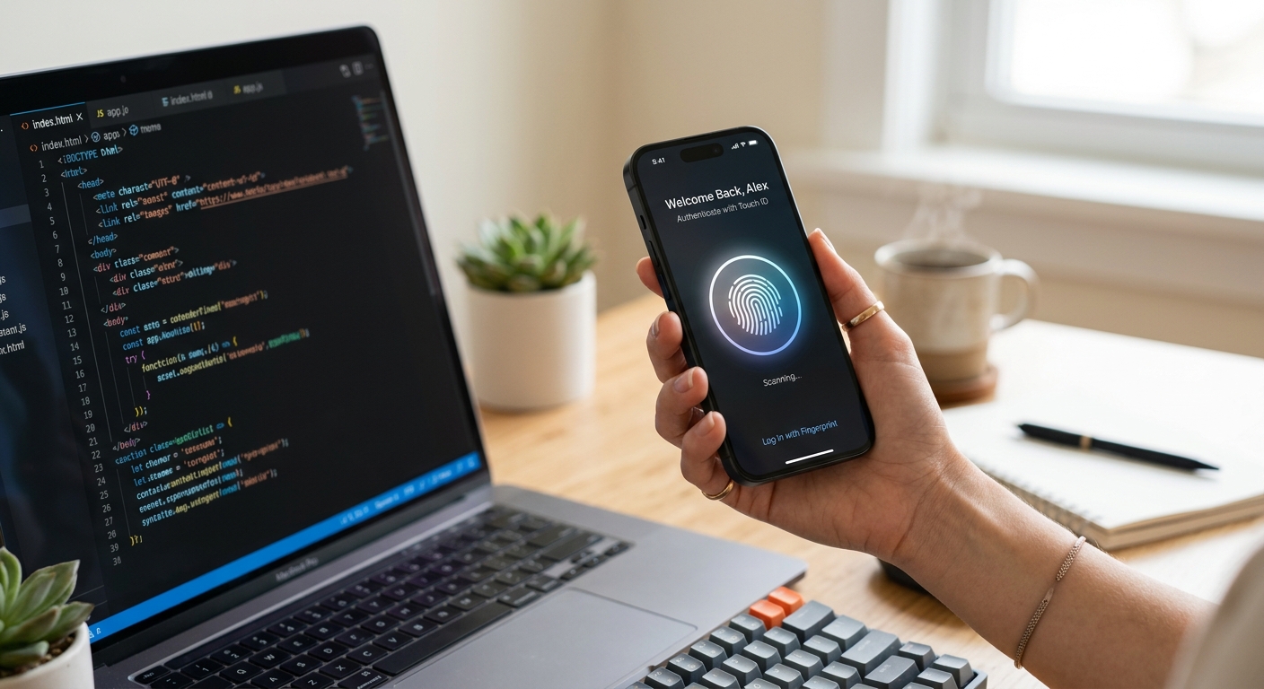 A high-quality, professional editorial photograph of a hand holding a modern smartphone in a bright, minimalist developer's workspace. The phone screen displays a sleek mobile application interface featuring a prominent, glowing biometric authentication symbol, such as a fingerprint or facial recognition icon. In the soft-focus background, a laptop shows a clean code editor with colorful syntax highlighting. The lighting is soft and natural, emphasizing a clean, high-tech aesthetic and the seamless integration of web development into a native mobile environment.