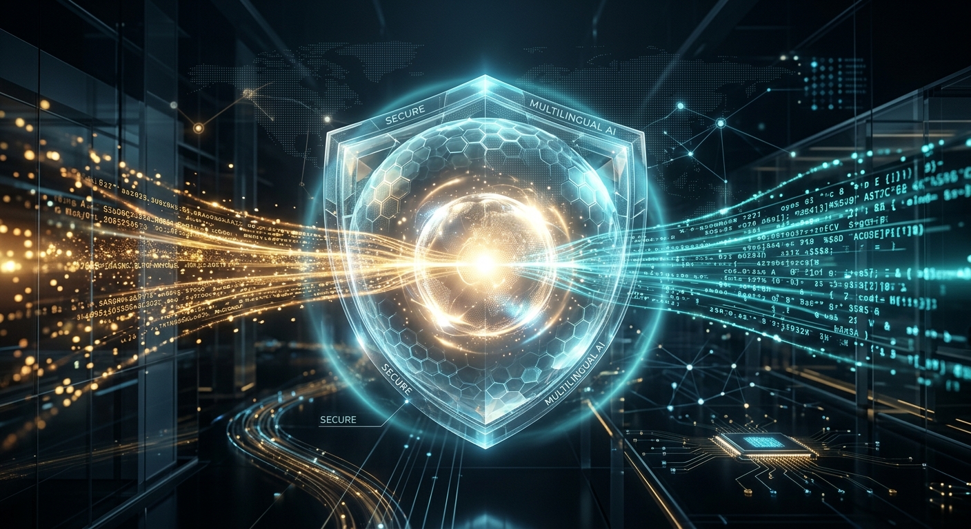 A high-tech architectural visualization representing a secure, multilingual AI communication system. In a dark, sophisticated digital environment, a central glowing sphere of light serves as an intelligent core. Two distinct streams of data—one shimmering with warm gold and the other with cool cyan—flow from opposite sides toward a translucent, protective shield surrounding the core. The background features subtle, abstract patterns suggestive of global connectivity and digital nodes. The atmosphere is clean, professional, and futuristic, using a cinematic depth of field and soft, ambient lighting to highlight the seamless flow of information through a secure gateway.
