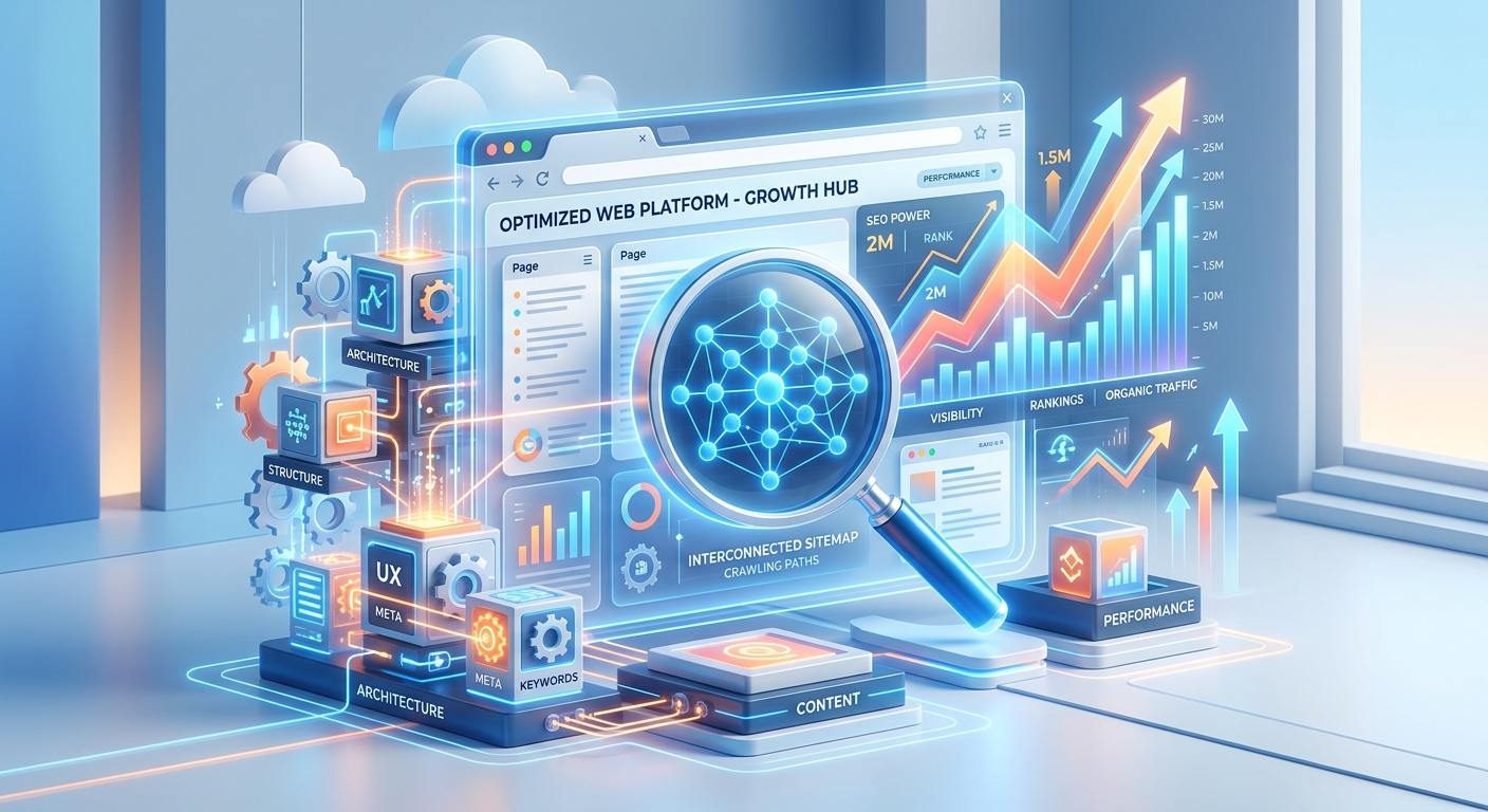 A high-tech, editorial-style 3D digital illustration representing search engine optimization for a modern web platform. In the center, a translucent website interface is being meticulously organized with glowing digital building blocks and gears, symbolizing a no-code architectural setup. A magnifying glass hovers over the interface, revealing a network of interconnected nodes that form a digital map or sitemap. Rising from the interface are vibrant, upward-trending data charts and glowing arrows, suggesting increased visibility and climbing search rankings. The background is a clean, futuristic workspace with soft blue and white gradients, evoking a sense of cloud technology and professional web development. The overall aesthetic is minimalist, sleek, and focused on digital growth and precision.