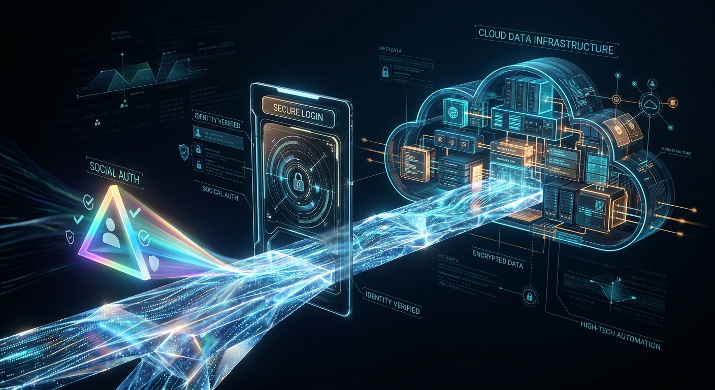 A professional editorial 3D illustration symbolizing secure social authentication and cloud integration. In a dark, minimalist digital space, a sleek, glowing interface portal acts as a gateway. On one side, a vibrant prism of light representing user identity flows across a shimmering crystalline bridge into a sophisticated, structured architectural cloud. The scene is filled with subtle holographic data streams, glowing nodes, and translucent layers representing backend logic and metadata configurations. The lighting is cinematic, featuring deep blues, cyans, and warm amber accents, conveying a sense of enterprise-grade security, high-tech automation, and a seamless user experience.