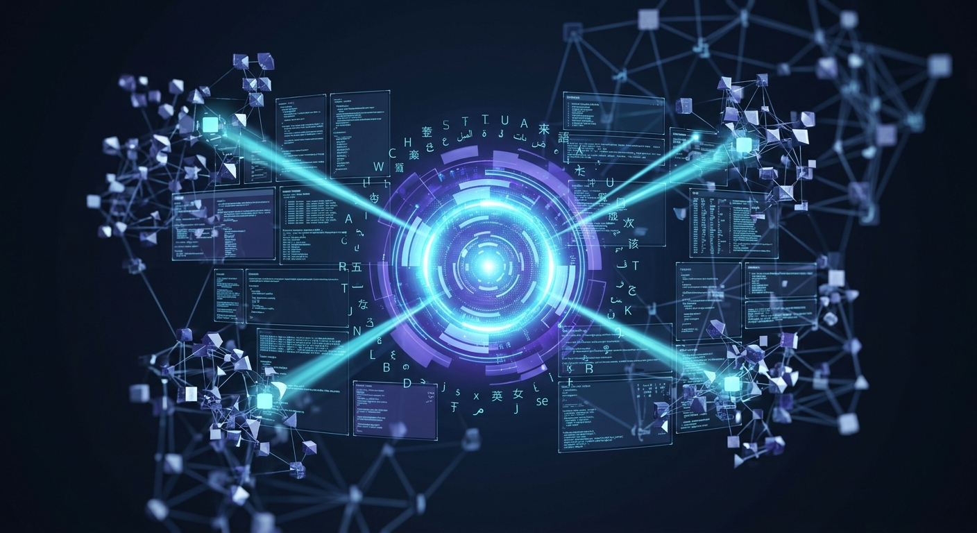 A professional, editorial-style 3D illustration representing a sophisticated global AI knowledge system. At the center is a luminous, pulsing digital core that symbolizes an intelligent agent. Surrounding this core are layers of translucent, interconnected data panels and floating geometric nodes that represent a vast vector database. Subtle, glowing typographic characters from various languages—such as Latin, Japanese, and others—drift through the data streams, merging seamlessly into the central core. Beams of light act as retrieval paths, scanning and highlighting specific clusters of information within the network. The setting is a dark, sleek, and minimalist digital void with a shallow depth of field, using a color palette of deep blues, violets, and bright cyan accents to convey a sense of high-tech efficiency, global connectivity, and advanced artificial intelligence.
