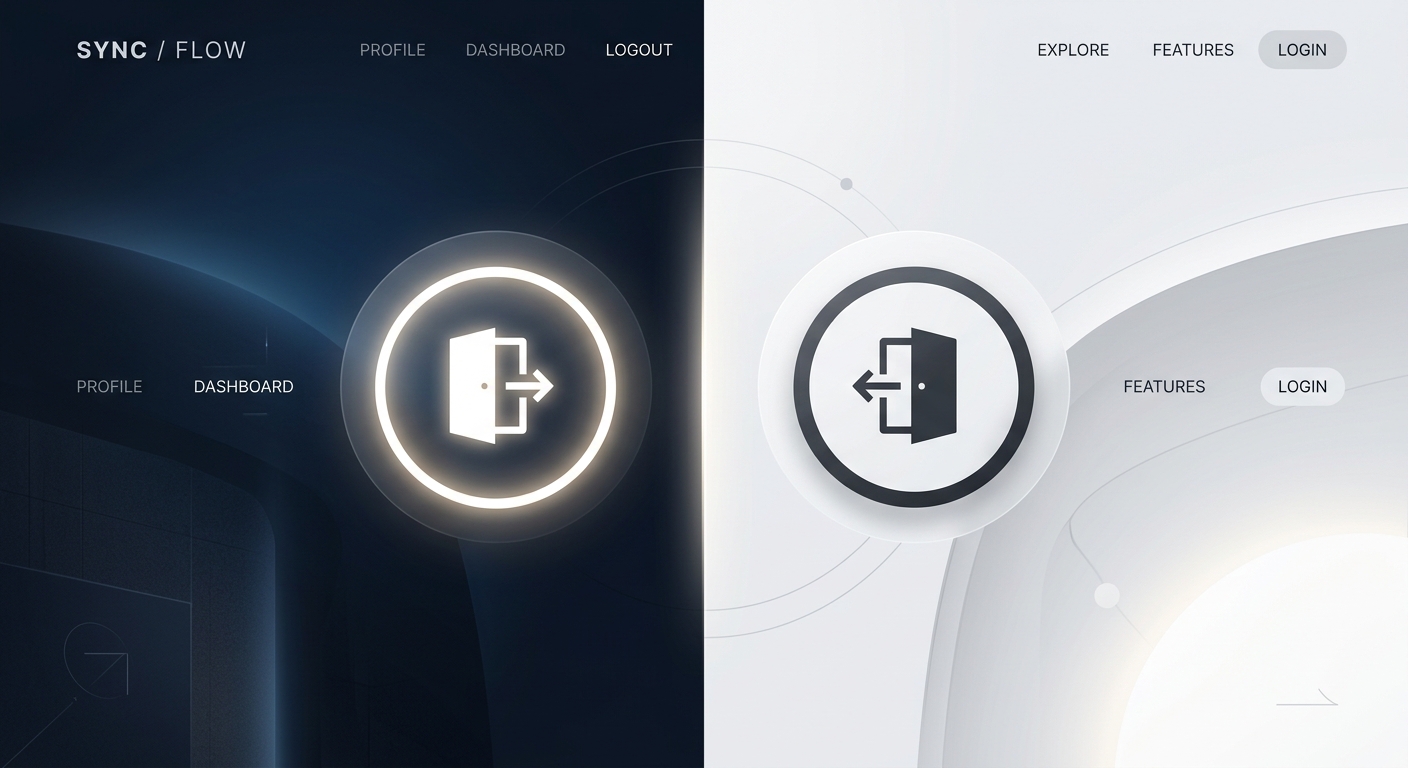 A professional, editorial-style digital illustration of a sleek, minimalist web interface header focusing on a high-contrast authentication button. The image features a split-composition layout: one side showcases a deep midnight-blue dark mode with a crisp, glowing white logout icon, while the other side transitions into a clean, minimalist light mode with a sharp charcoal login icon. The icons are stylized geometric representations of a door and an arrow. The aesthetic is modern and architectural, emphasizing adaptive design, seamless integration, and clean UI components. The atmosphere is sophisticated and high-tech, with subtle glassmorphism effects and soft, diffused backlighting, representing advanced software development and elegant user experience design.