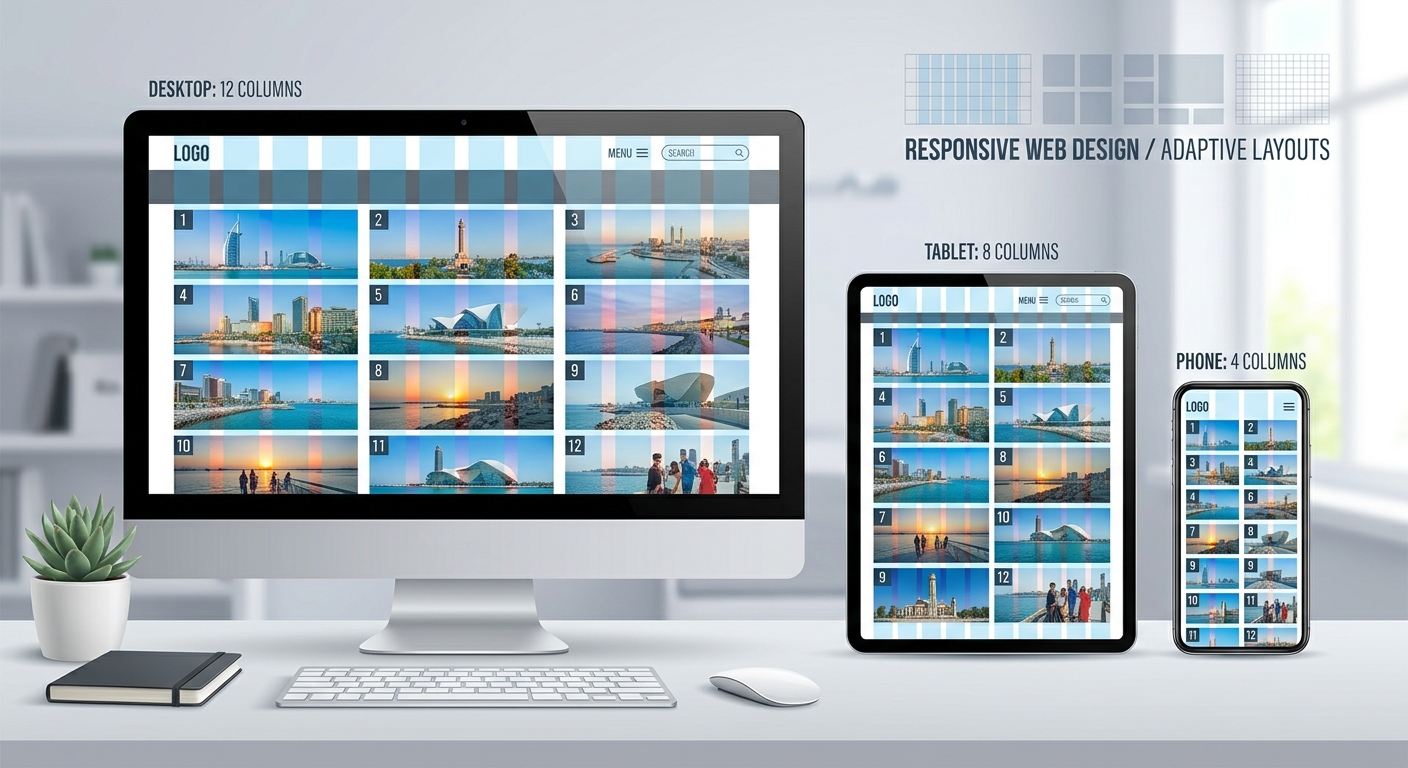 A professional, editorial-style illustration of a responsive web design grid system. The composition features three digital devices—a sleek desktop monitor, a tablet, and a smartphone—arranged in a clean, minimalist workspace. Each screen displays the same content: vibrant, high-quality photographic tiles of a modern coastal city with landmarks, showing how the layout seamlessly adapts from a three-column horizontal grid on the desktop to a single-column vertical stack on the smartphone. Faint, translucent blue vertical bars representing a 12-column grid system are elegantly overlaid across the interface design to illustrate structural alignment. The background is a bright, soft-lit studio setting with a palette of professional whites, greys, and subtle tech-blue accents, emphasizing precision and modern digital aesthetics.
