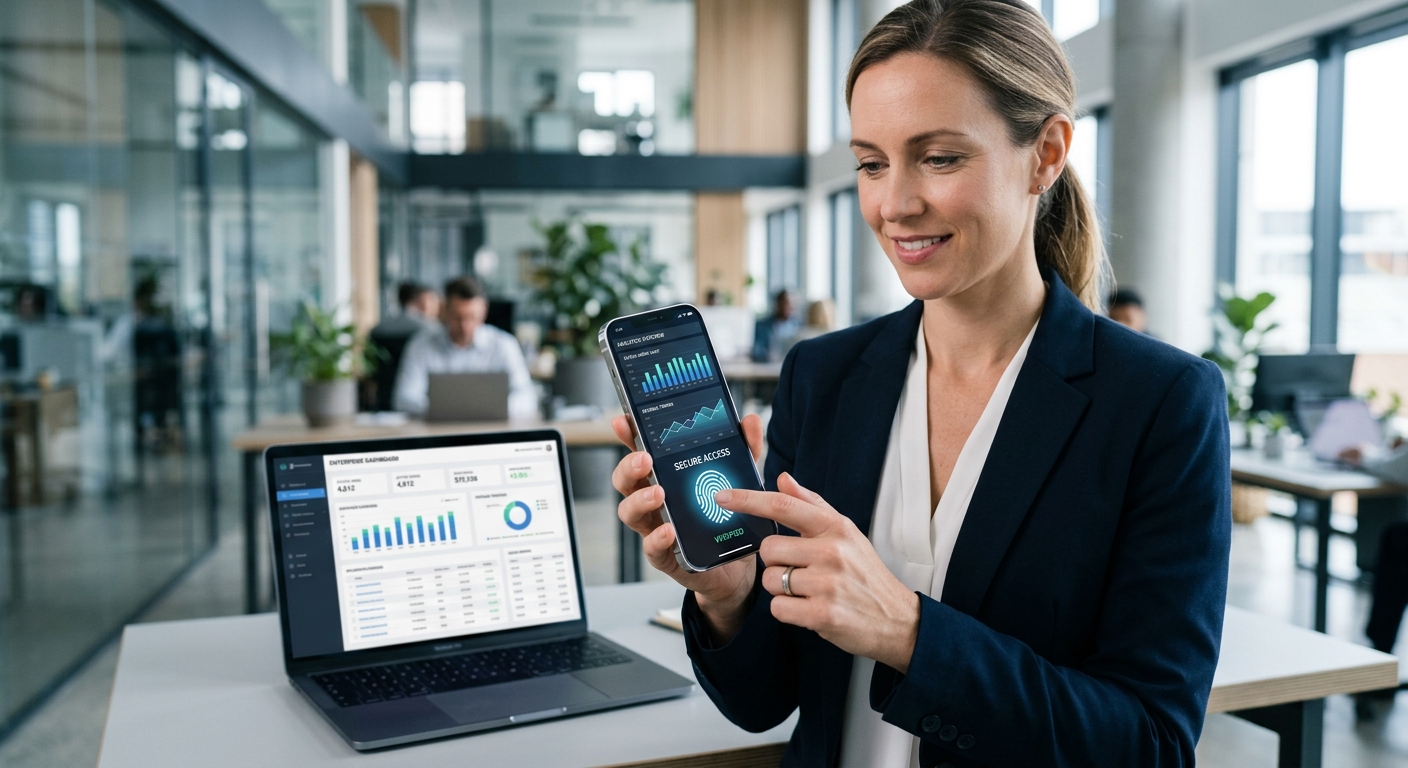 A professional editorial-style image of a person holding a sleek, modern smartphone in a bright, minimalist corporate office. The phone screen displays a sophisticated business application with a vibrant, data-driven dashboard and a glowing biometric authentication symbol, such as a fingerprint or facial recognition icon, signifying secure access. In the blurred background, a laptop screen displays a matching web-based version of the interface, highlighting the seamless transition between web and mobile platforms. The lighting is clean and contemporary, utilizing a professional color palette of cool blues, whites, and glass textures to convey innovation, speed, and enterprise-grade security.