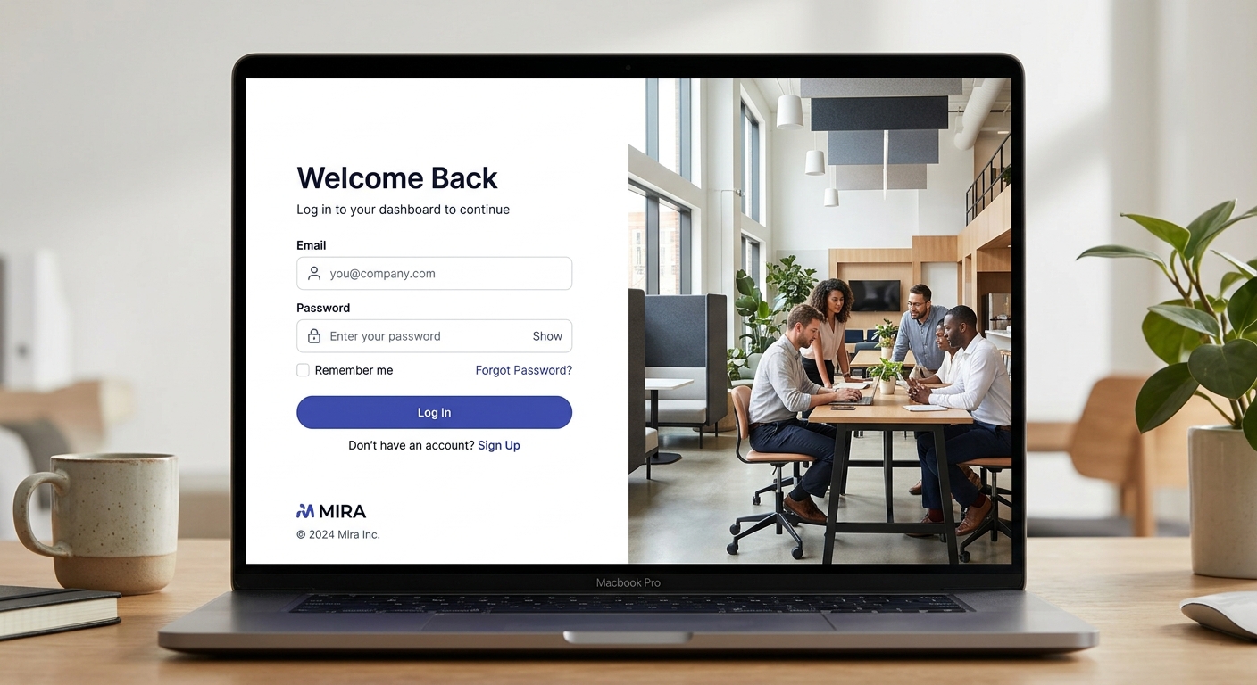 A professional, editorial-style mockup of a modern website login page featuring a clean split-screen layout. On the left half, a minimalist user interface displays a sleek login form with simple input fields and a welcoming header on a crisp, white background. On the right half, a full-bleed, high-resolution lifestyle photograph shows a bright, contemporary office space with soft natural lighting and minimalist decor. The composition is balanced and elegant, emphasizing premium web design and a seamless user experience. High-quality digital rendering with sharp focus and a sophisticated, modern aesthetic.