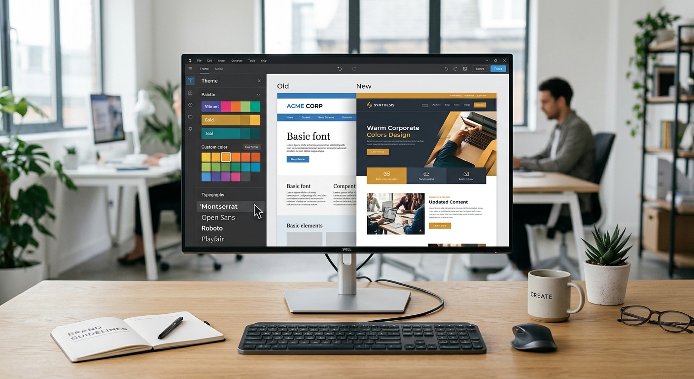 A professional, high-angle editorial photograph of a minimalist workspace featuring a large, high-resolution monitor. The screen displays a sleek web design interface with a prominent "Theme" sidebar. On the sidebar, a digital cursor interacts with a vibrant color palette and a typography selection menu. The website layout on the screen is shown in the middle of a transformation, shifting from a generic blue design to a sophisticated, custom-branded look with warm corporate colors and clean, modern sans-serif fonts. The surrounding desk is tidy with a modern keyboard and subtle office decor, set against a soft-focus, bright contemporary office background. The lighting is airy and professional, emphasizing a seamless and creative digital customization process.