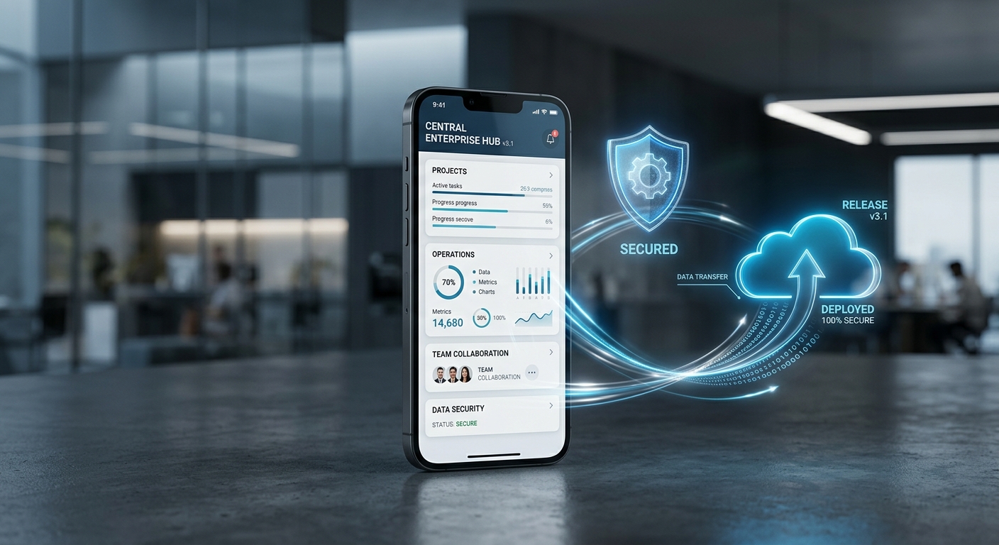 A professional, high-quality editorial image of a modern smartphone displaying a sophisticated business application interface with clean, card-based layouts. The phone is positioned at the center of the frame against a minimalist, high-tech background. Submarine-blue and silver light highlights represent secure data transfer and digital governance. Subtle holographic elements like a shield icon and a cloud-upload symbol float near the device, symbolizing the transition from development to a secure app store release. The lighting is soft and cinematic, with a focus on precision and enterprise-grade reliability.