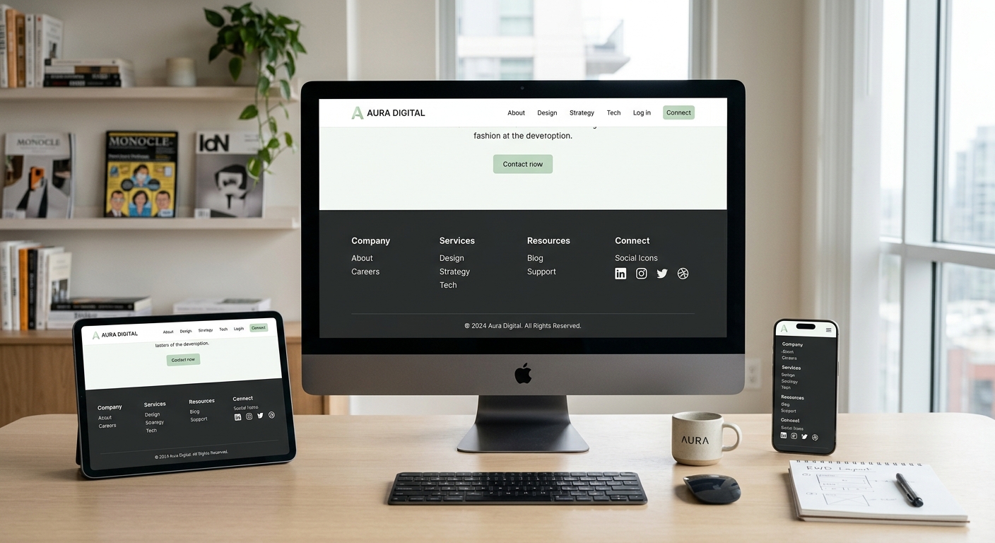 A professional, high-quality editorial photograph of a modern digital workspace showcasing responsive web design. In the center, a sleek desktop monitor displays the lower section of a minimalist, elegant website, highlighting a well-organized footer with clean typography and balanced columns. Beside the monitor, a tablet and a smartphone display the same website, showing the footer perfectly adapted for different screen sizes—from horizontal columns on the desktop to a neat vertical layout on the phone. The background is a bright, soft-focus designer's studio with neutral tones. The image emphasizes structural precision, clean UI/UX design, and the concept of a polished, professional digital foundation.