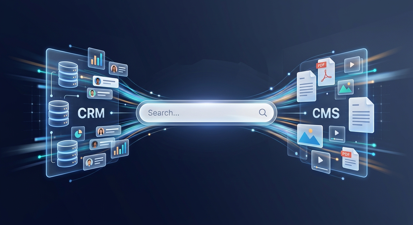 A sophisticated, editorial-style 3D digital illustration representing a high-speed unified search engine. In a minimalist, futuristic tech environment, a sleek and glowing search bar floats as the central focus. From this search bar, vibrant streams of light and data flow outward, connecting two distinct digital realms: one side features stylized holographic icons of databases and customer profiles representing CRM data, while the other side features floating digital documents and media files representing CMS content. The atmosphere is clean and professional, using a color palette of deep navy, electric blue, and translucent white. Dynamic light trails and a slight motion blur effect convey "lightning-fast" performance and seamless data integration. The background is a soft, dark gradient with subtle geometric patterns, emphasizing a modern and efficient user experience.