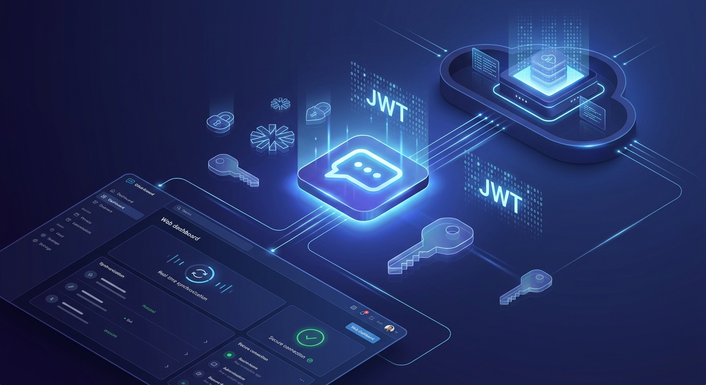 A sophisticated, professional-style digital art piece depicting secure data synchronization between a user interface and a cloud system. The central focus is a stylized, glowing chat interface icon surrounded by abstract cryptographic symbols, such as translucent geometric keys and shimmering light matrices representing JSON Web Tokens. Thin, luminous data lines connect a sleek, minimalist web dashboard in the foreground to a powerful, glowing digital core in the background. The scene is rendered in a deep indigo and electric blue color scheme, with high-quality soft-focus lighting and a clean, high-tech aesthetic. The overall mood conveys trust, seamless connectivity, and advanced architectural security.