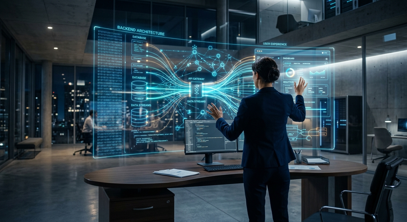A wide-angle, cinematic editorial shot of a futuristic digital workspace where engineering meets high-end design. At the center, a sophisticated holographic interface displays a complex, fluid web architecture composed of glowing blue data nodes and elegant UI components. Streams of luminous teal light bridge a deep, structured backend of binary code to a beautiful, human-centric user experience in the foreground. A professional figure is seen from behind, gesturing toward the floating interface, orchestrating the flow of information. The environment is minimalist and sleek, with soft atmospheric lighting, symbolizing the synergy between powerful cloud technology and intuitive digital transformation. The overall mood is one of mastery, precision, and the "force" of modern web innovation.