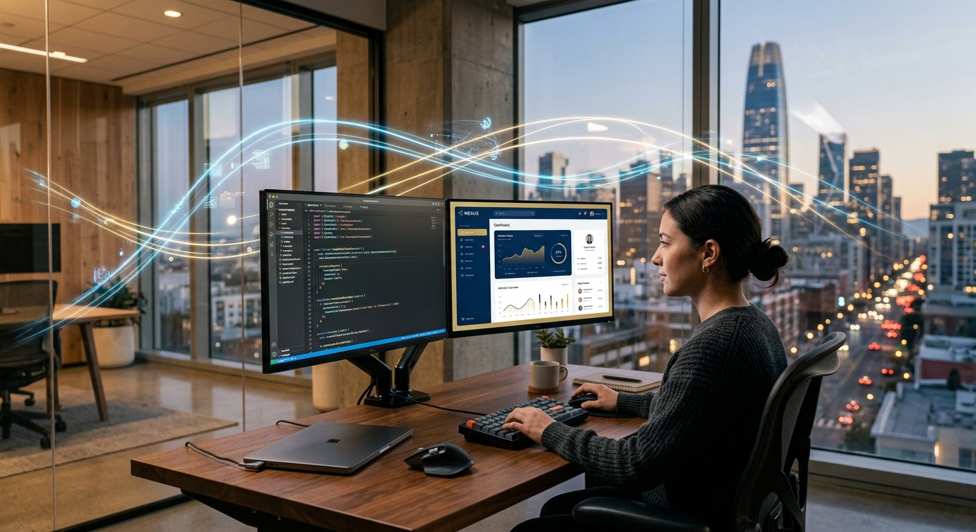 A wide-angle, cinematic editorial shot of a sleek, minimalist professional developer's workspace. On a clean wooden desk, two high-resolution monitors display a contrast between technical mastery and elegant design: one screen shows structured lines of clean, modern code, while the other displays a vibrant, sophisticated user interface for a digital platform. Translucent, glowing blue and gold light trails weave through the air, symbolizing the flow of data and a collaborative AI partnership. The setting is a modern glass-walled office at dusk with a soft-focus city skyline in the background. The overall aesthetic is clean, professional, and futuristic, emphasizing the fusion of engineering, UI/UX design, and digital transformation. High detail, 8k resolution, soft ambient lighting.